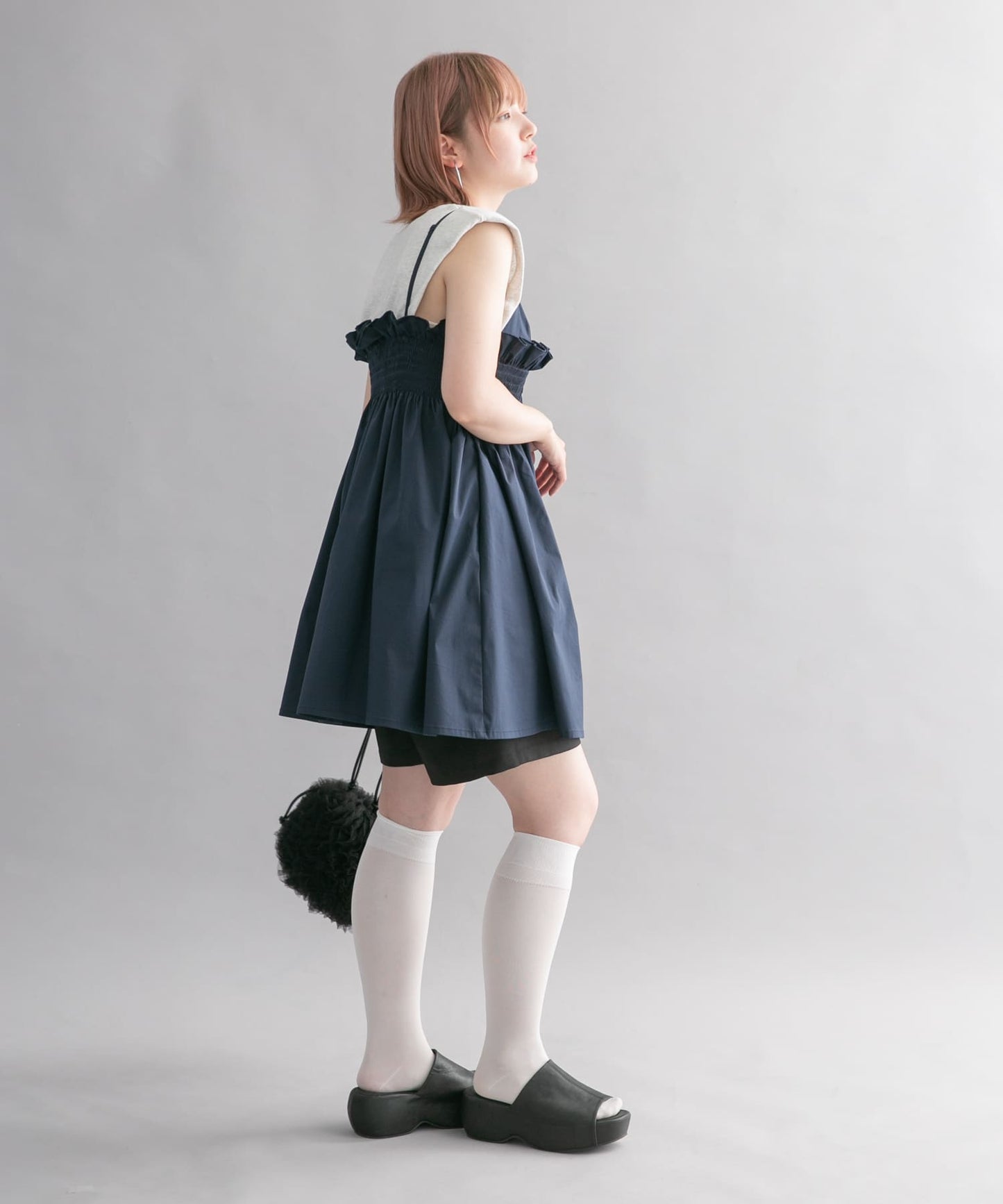 shirred mini dress (navy) *JP