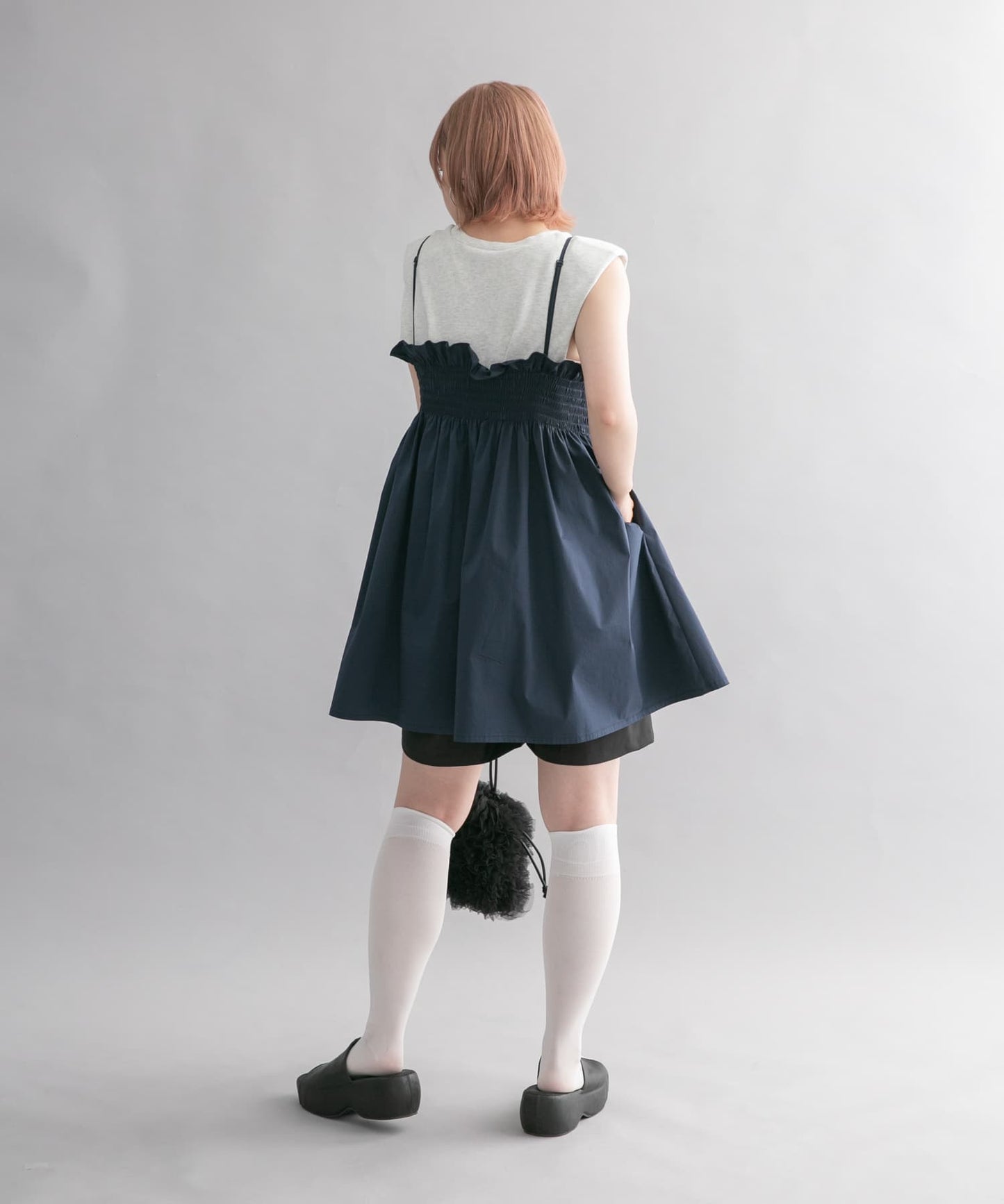 shirred mini dress (navy) *JP