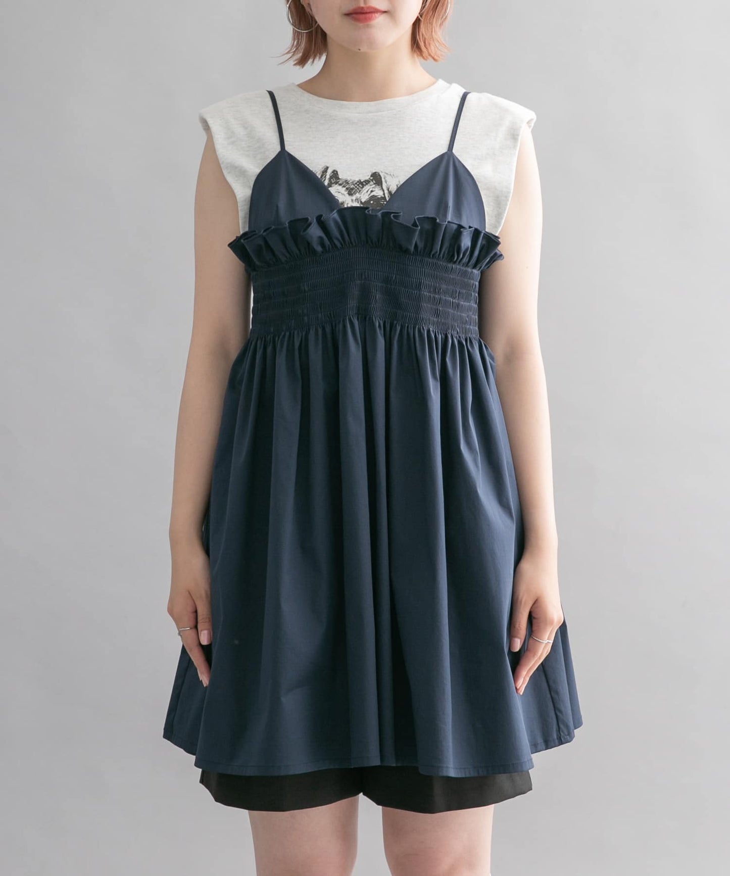 shirred mini dress (navy) *JP