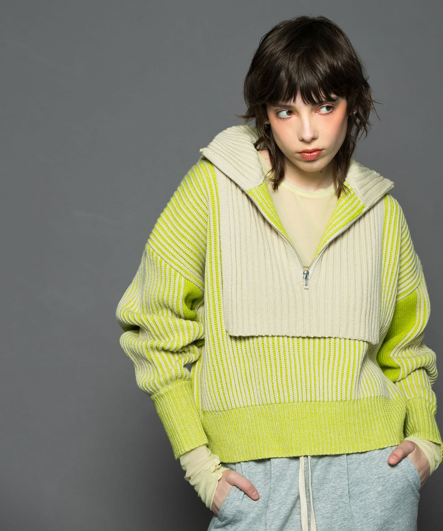 layered half zip knit (ivory x lime) *JP