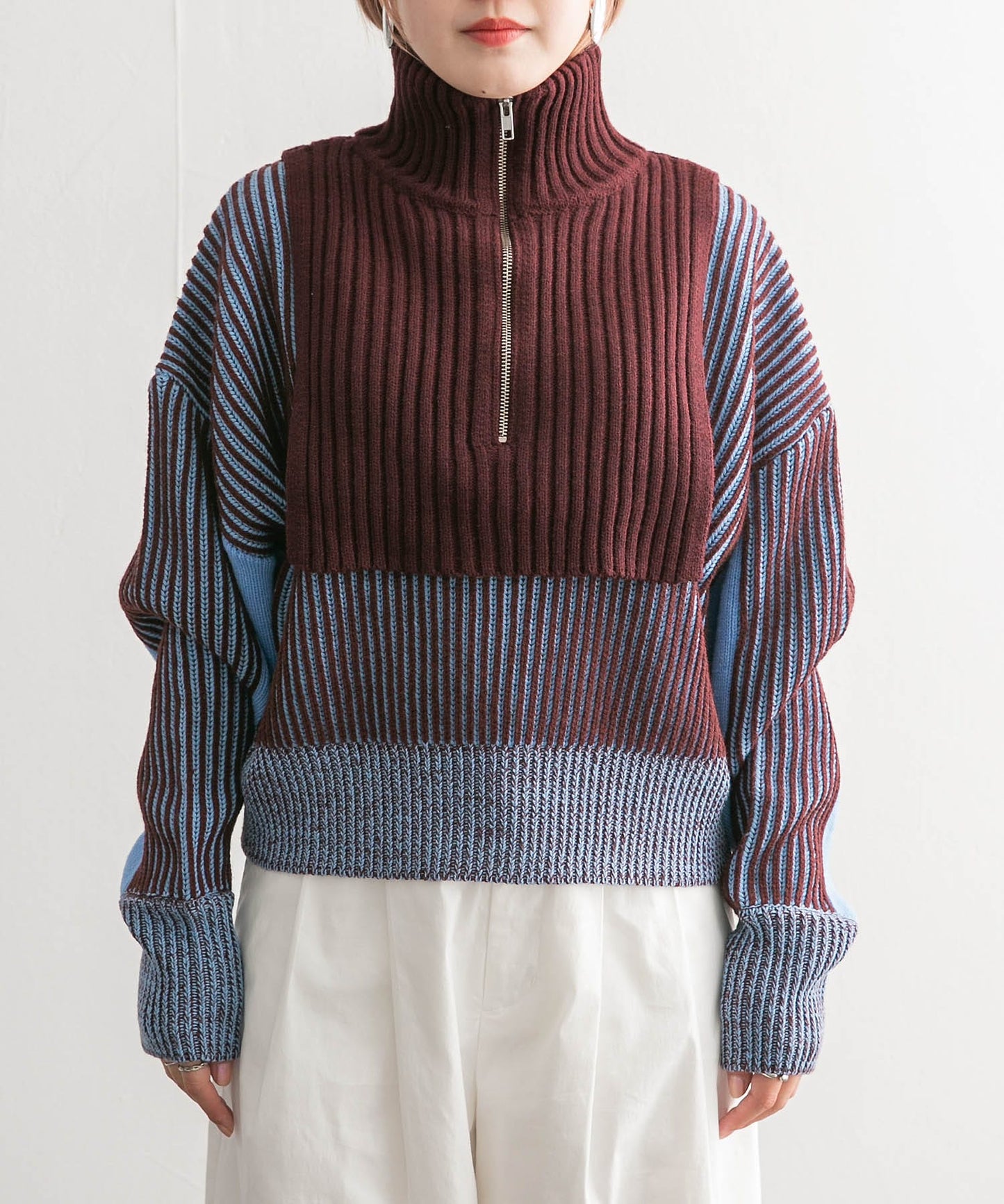 layered half zip knit (brown x blue) *JP