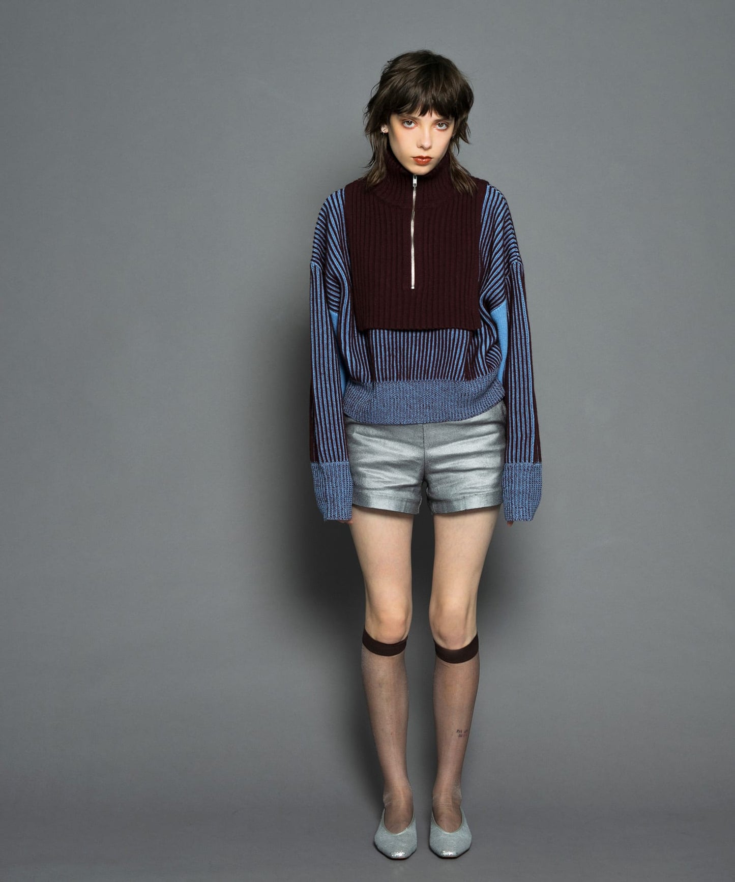 layered half zip knit (brown x blue) *JP