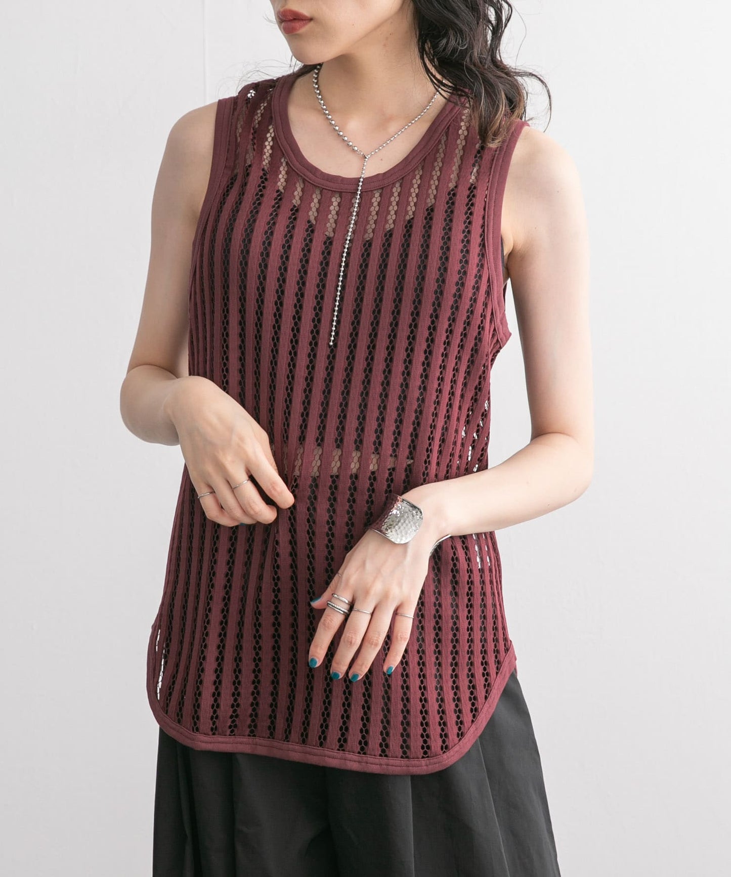 striped mesh tank top (bordeaux) *JP