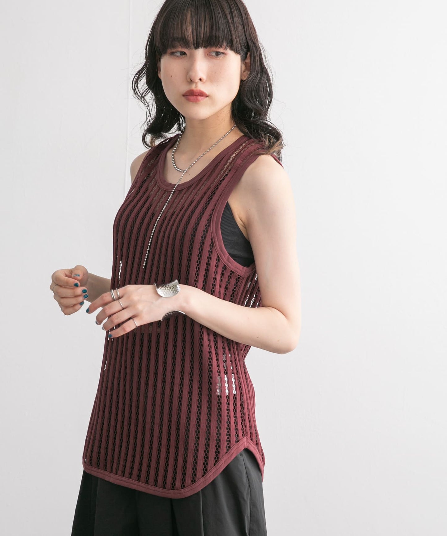 striped mesh tank top (bordeaux) *JP