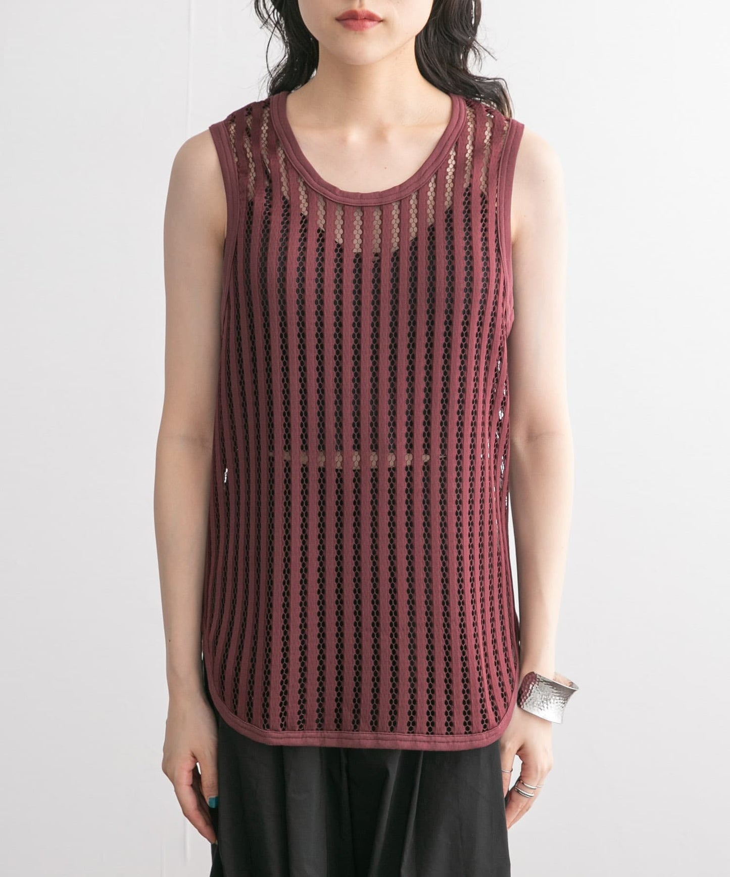 striped mesh tank top (bordeaux) *JP