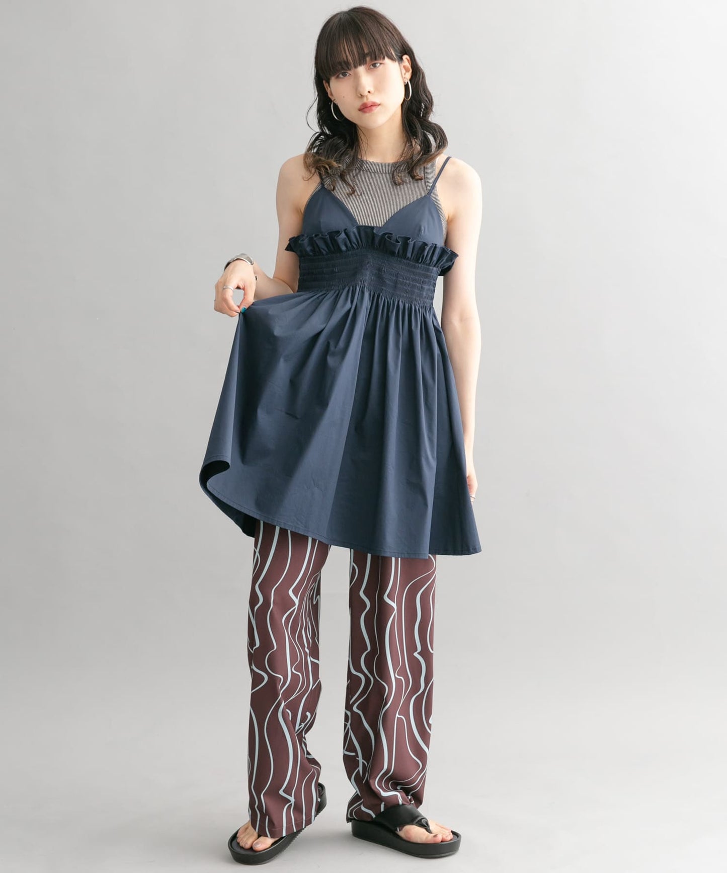 shirred mini dress (navy) *JP