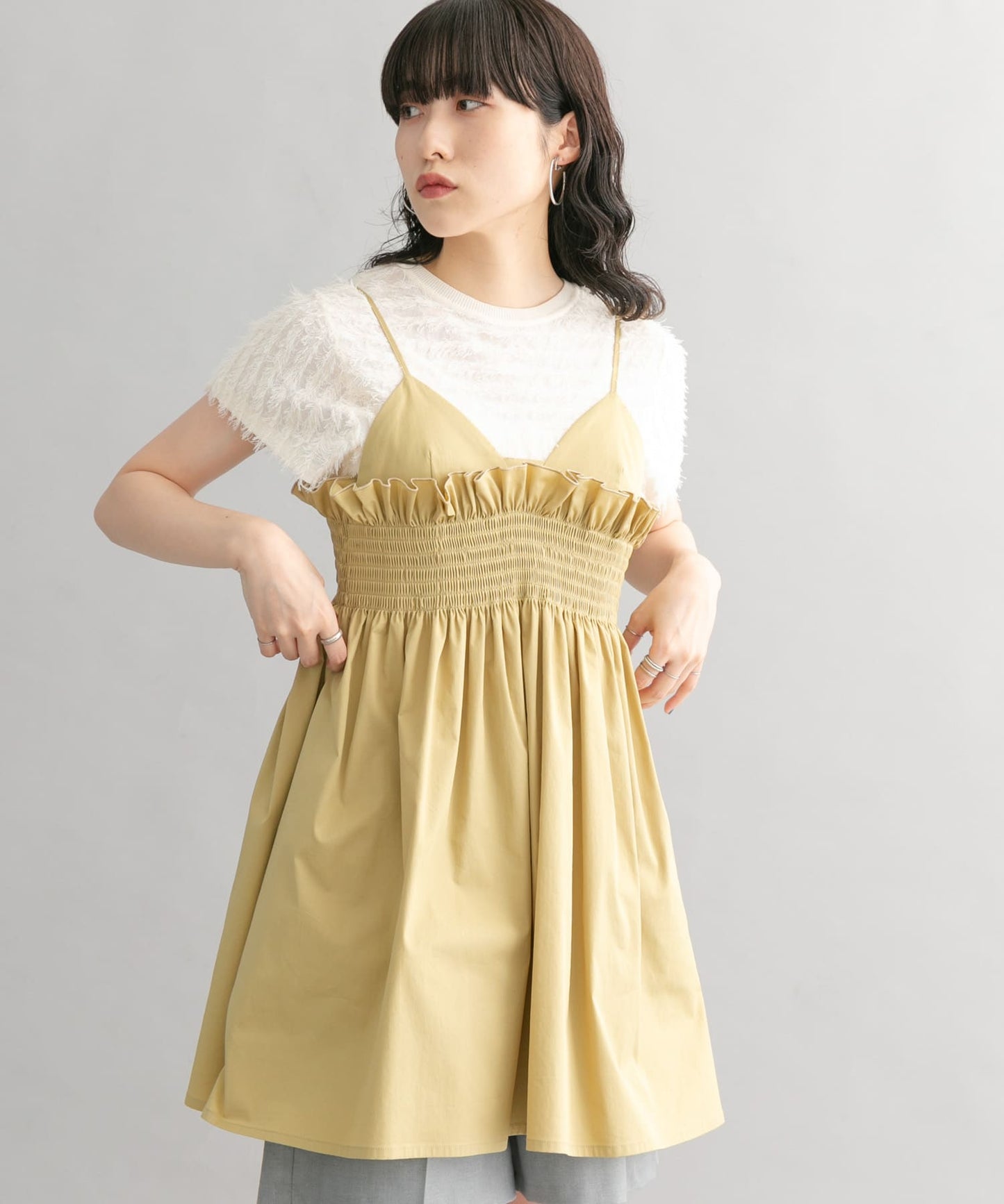 shirred mini dress (beige) *JP