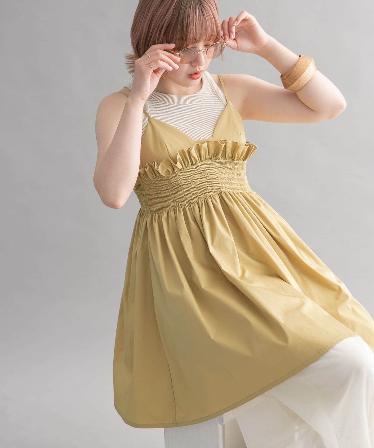 shirred mini dress (beige) *JP