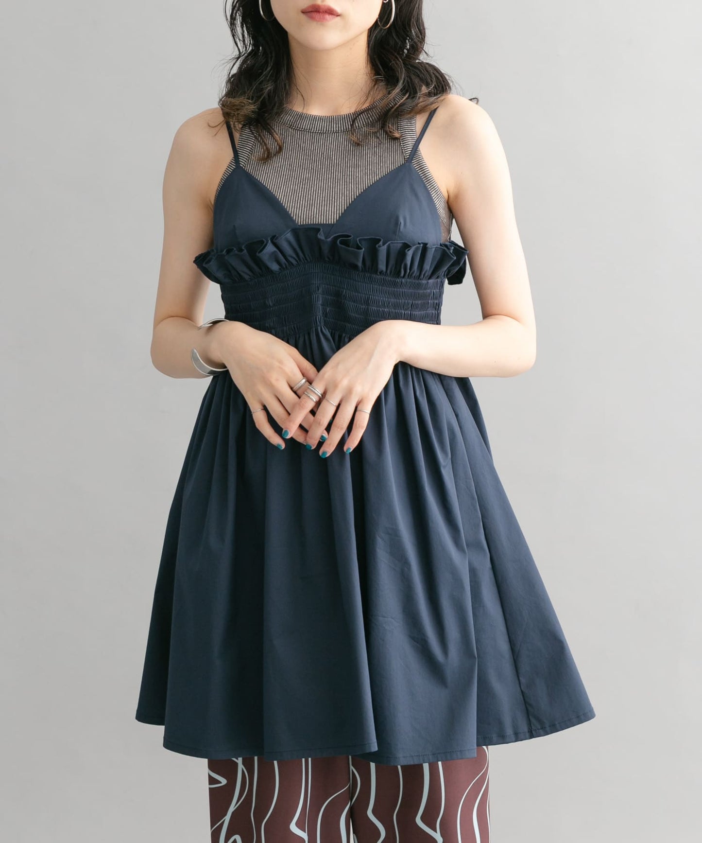 shirred mini dress (navy) *JP