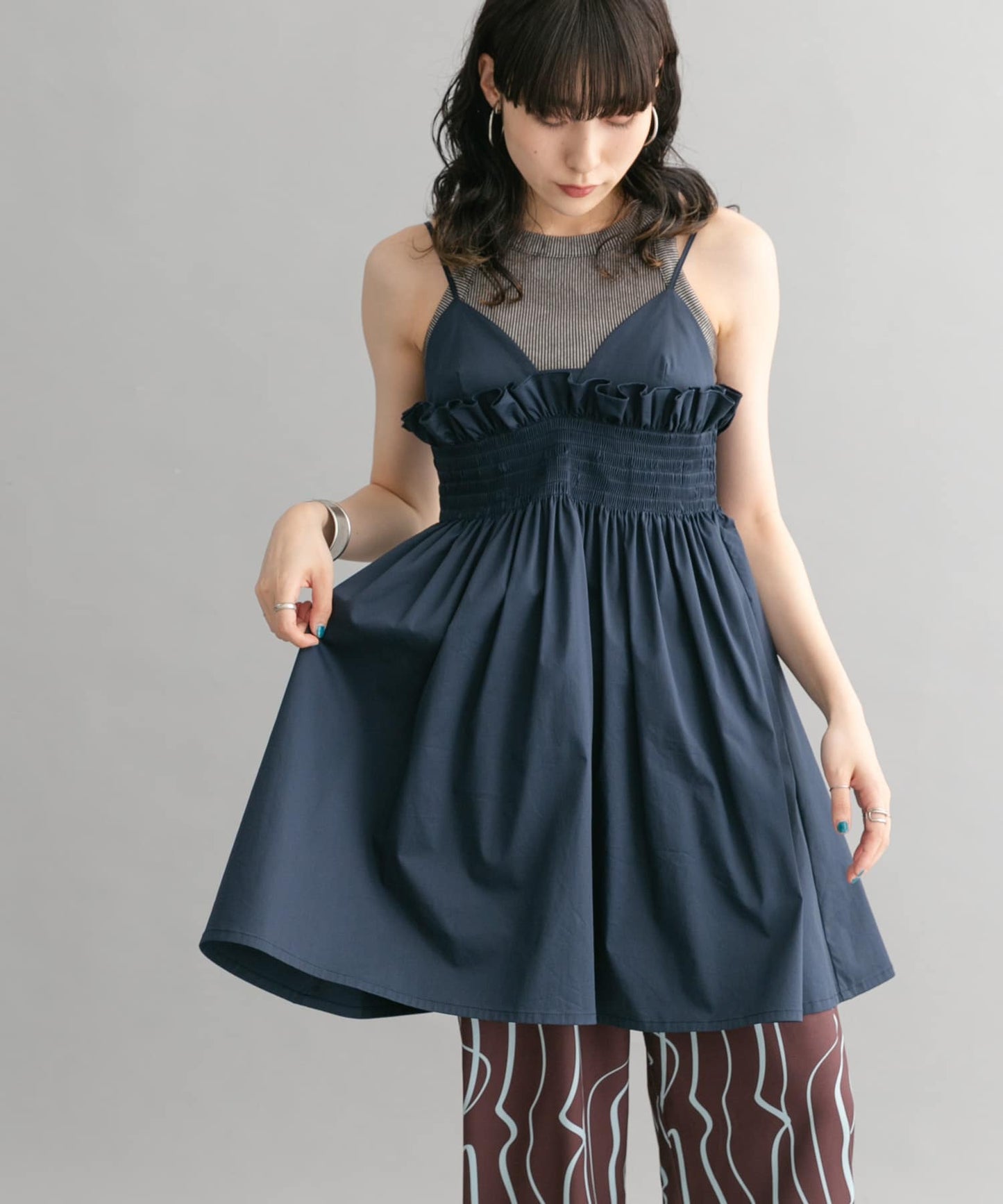 shirred mini dress (navy) *JP