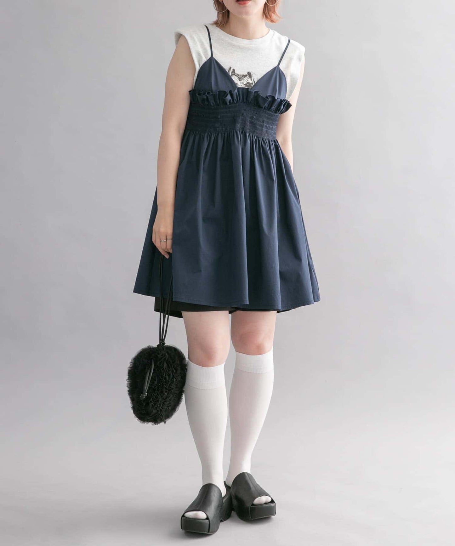 shirred mini dress (navy) *JP