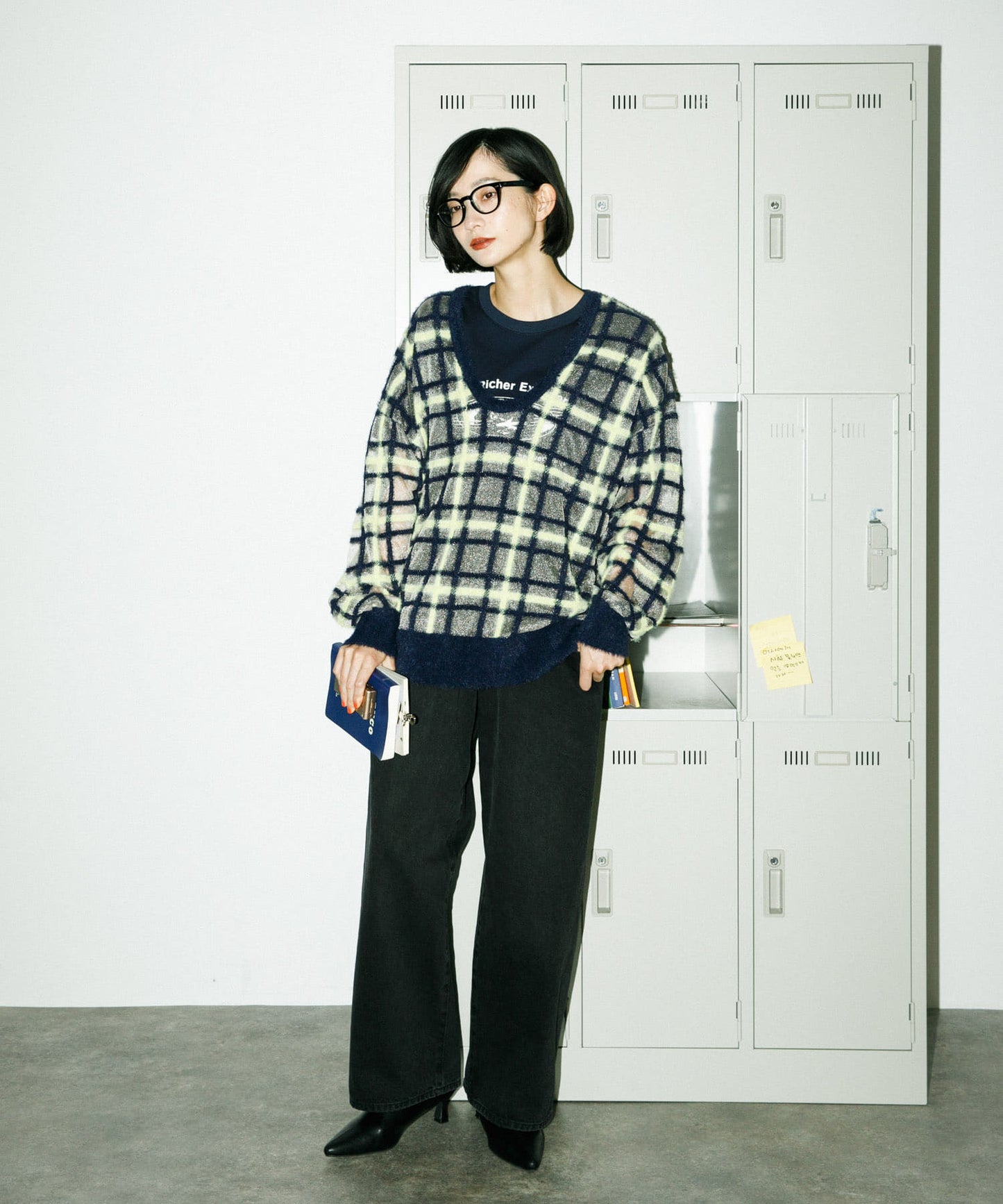 sheer check feather knit (navy) *JP