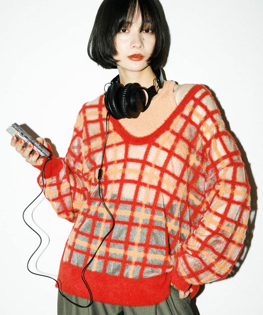 sheer check feather knit (orange) *JP