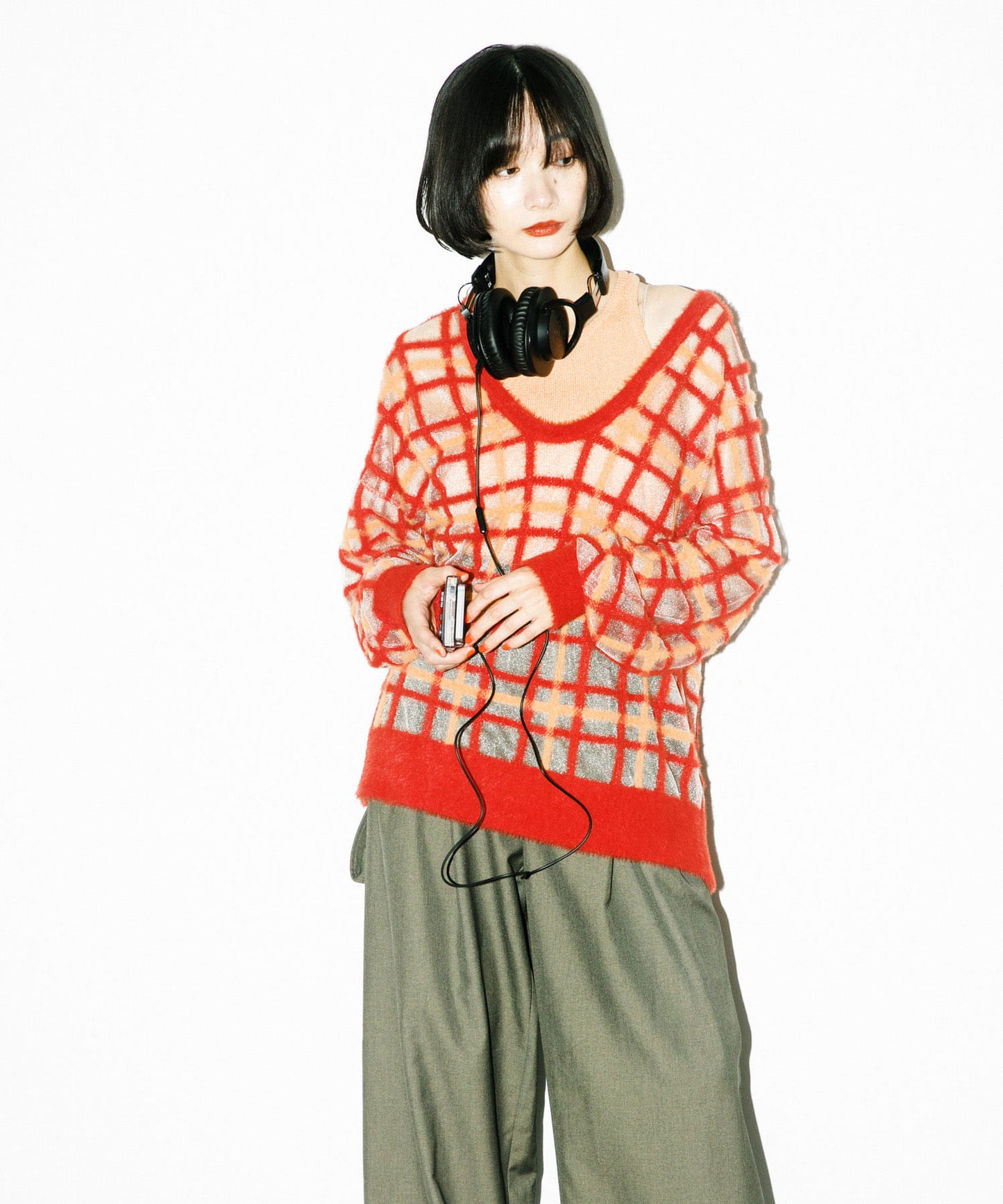 sheer check feather knit (orange) *JP