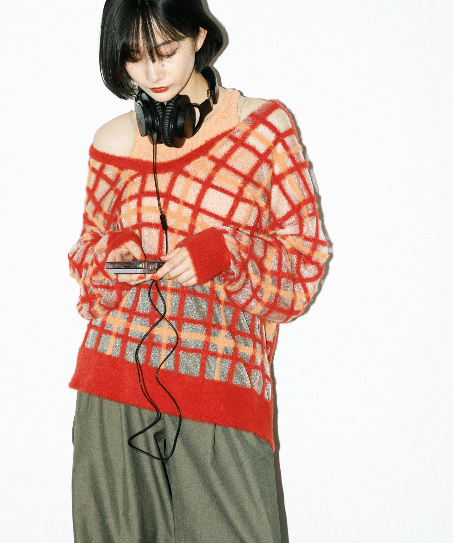 sheer check feather knit (orange) *JP