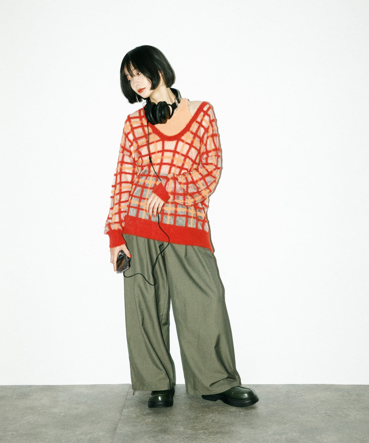 sheer check feather knit (orange) *JP