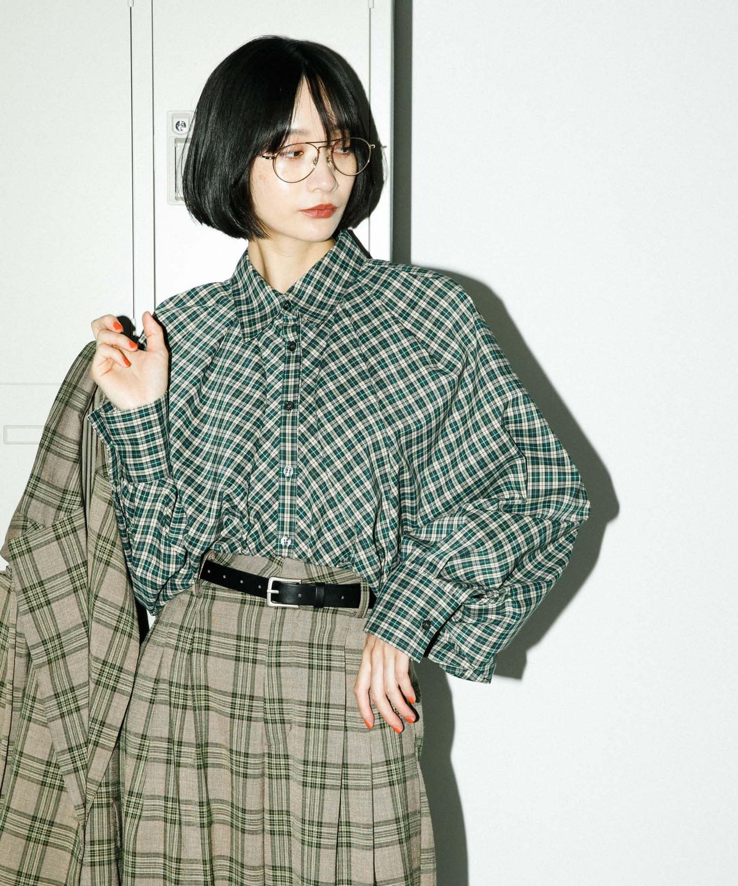 volume sleeve check shirt (green x beige) *JP