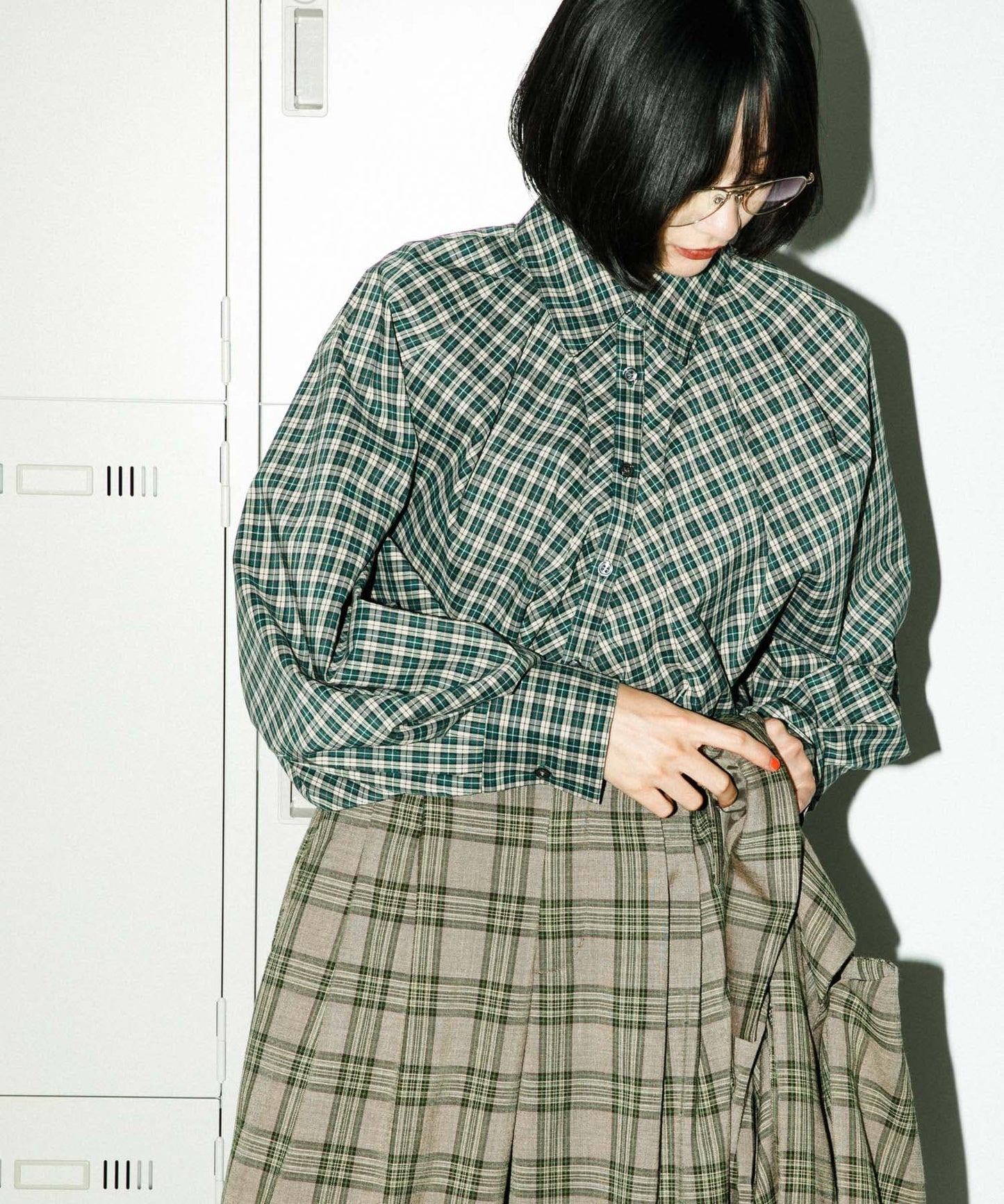 volume sleeve check shirt (green x beige) *JP