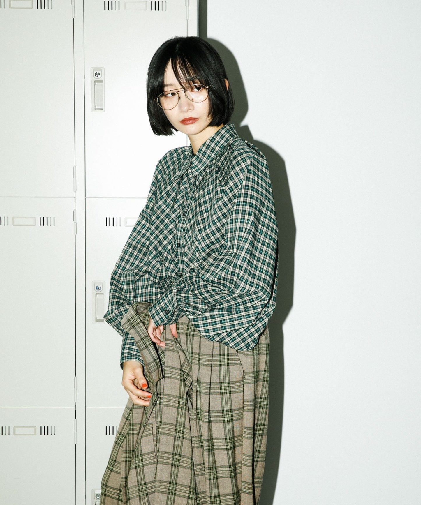 volume sleeve check shirt (green x beige) *JP