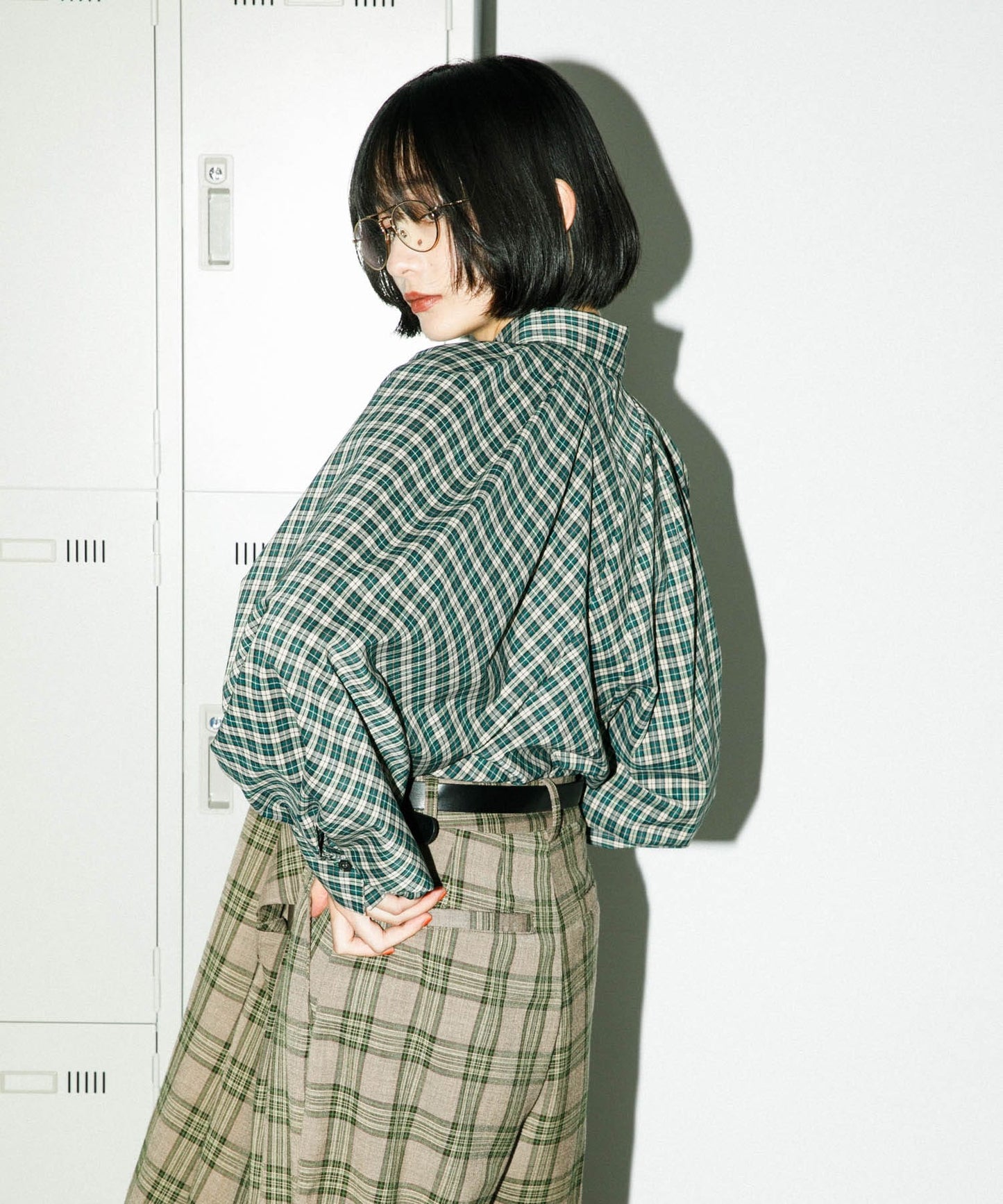 volume sleeve check shirt (green x beige) *JP