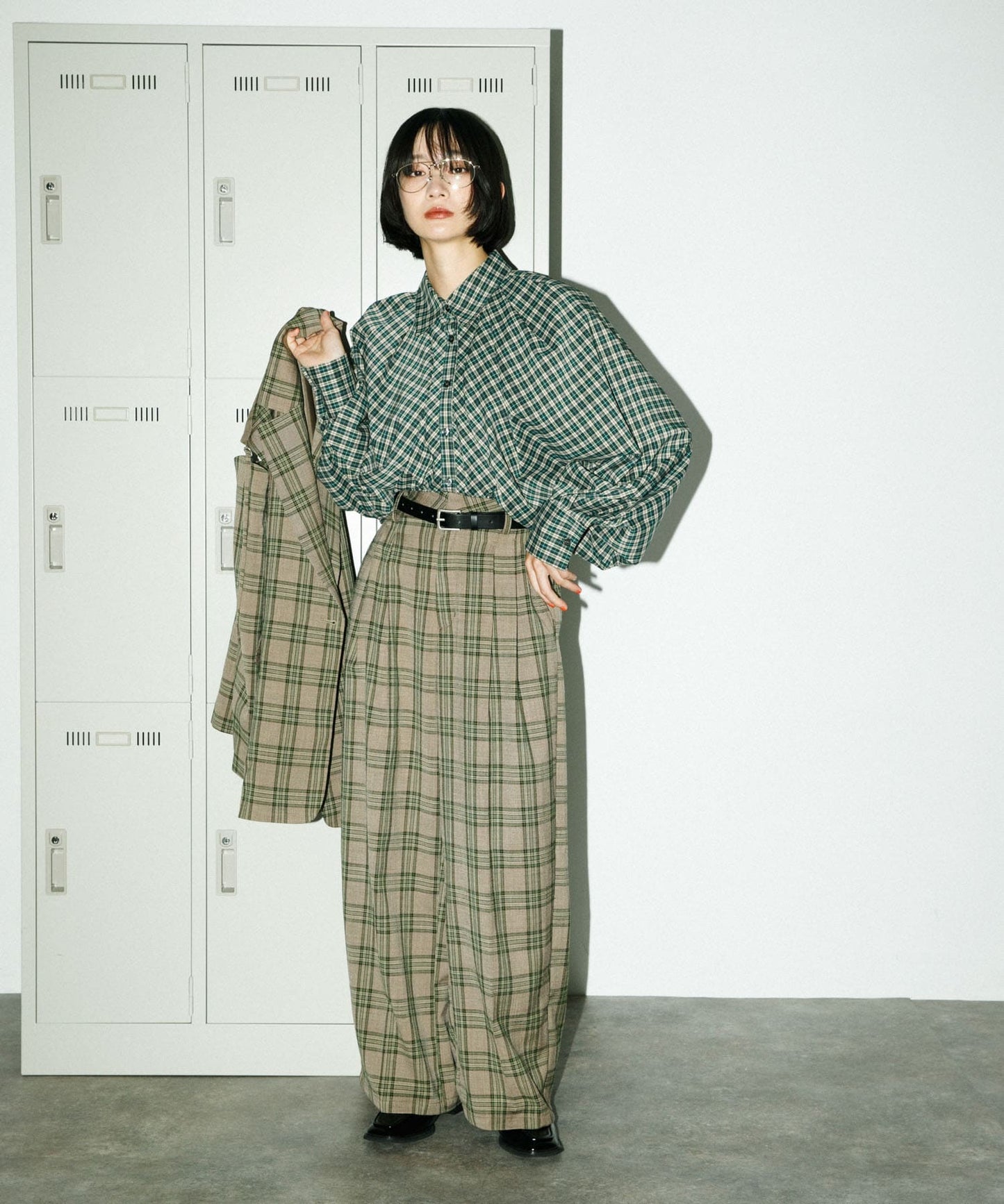 volume sleeve check shirt (green x beige) *JP