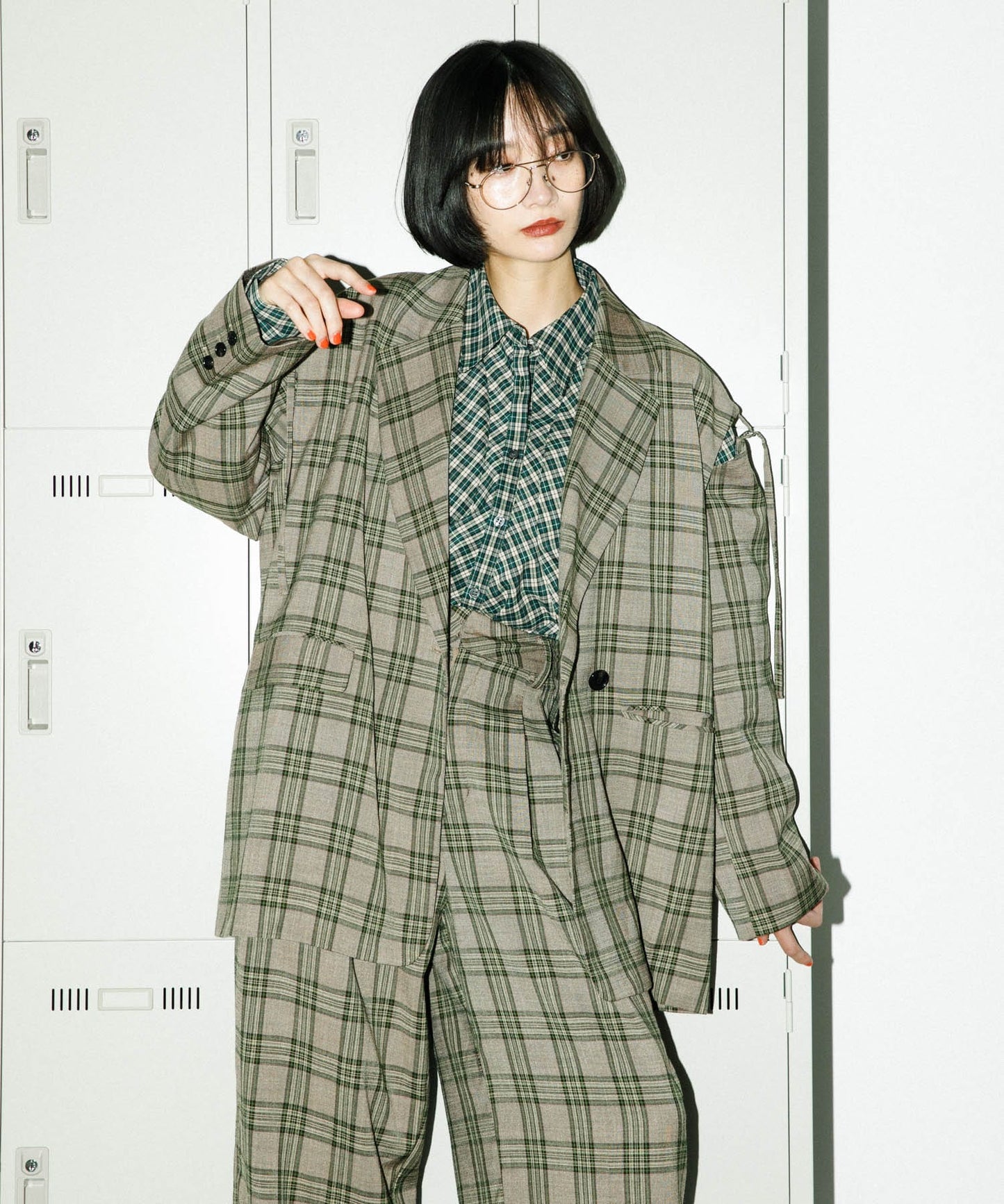 volume sleeve check shirt (green x beige) *JP