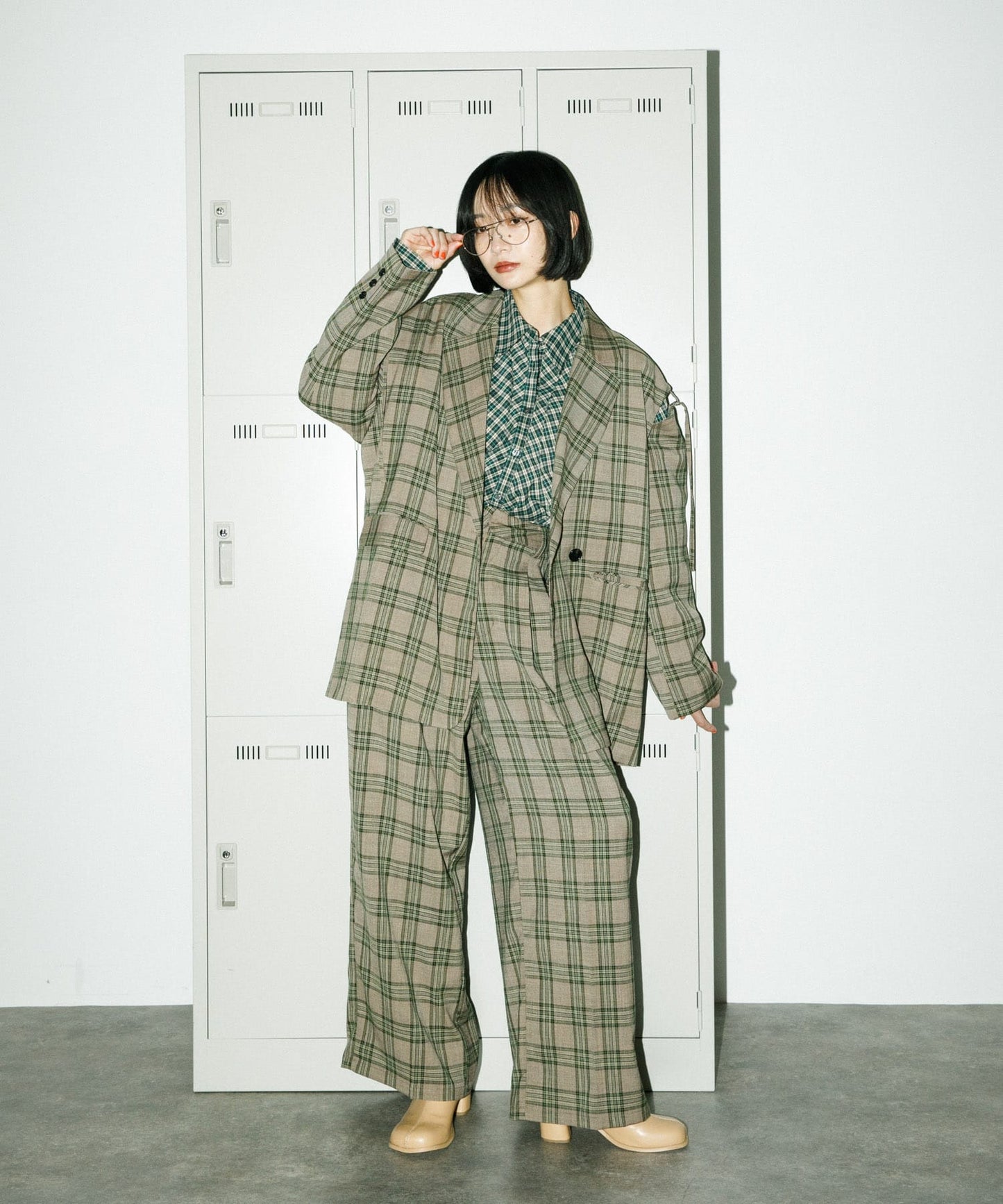 volume sleeve check shirt (green x beige) *JP