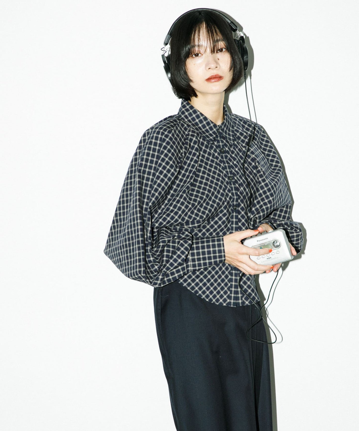 volume sleeve check shirt (navy x beige) *JP