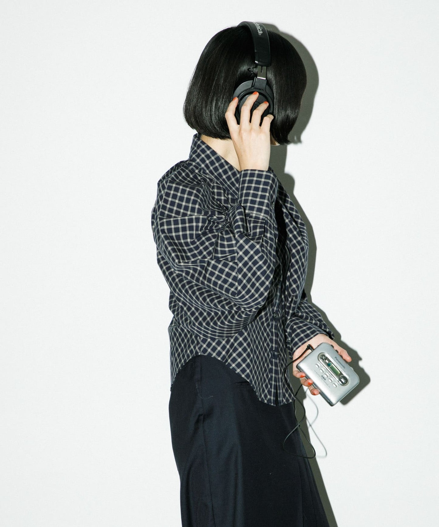 volume sleeve check shirt (navy x beige) *JP