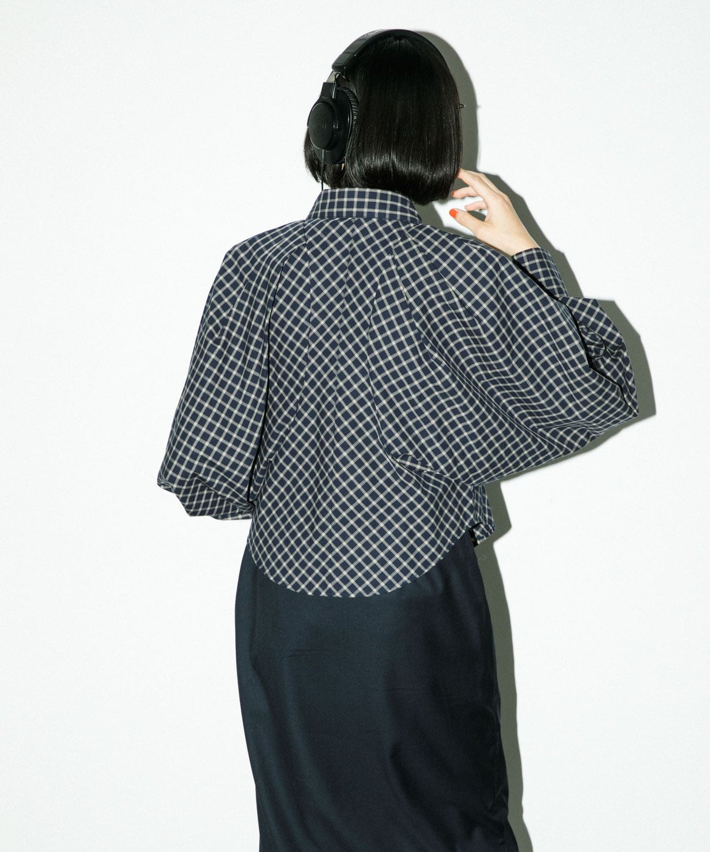 volume sleeve check shirt (navy x beige) *JP