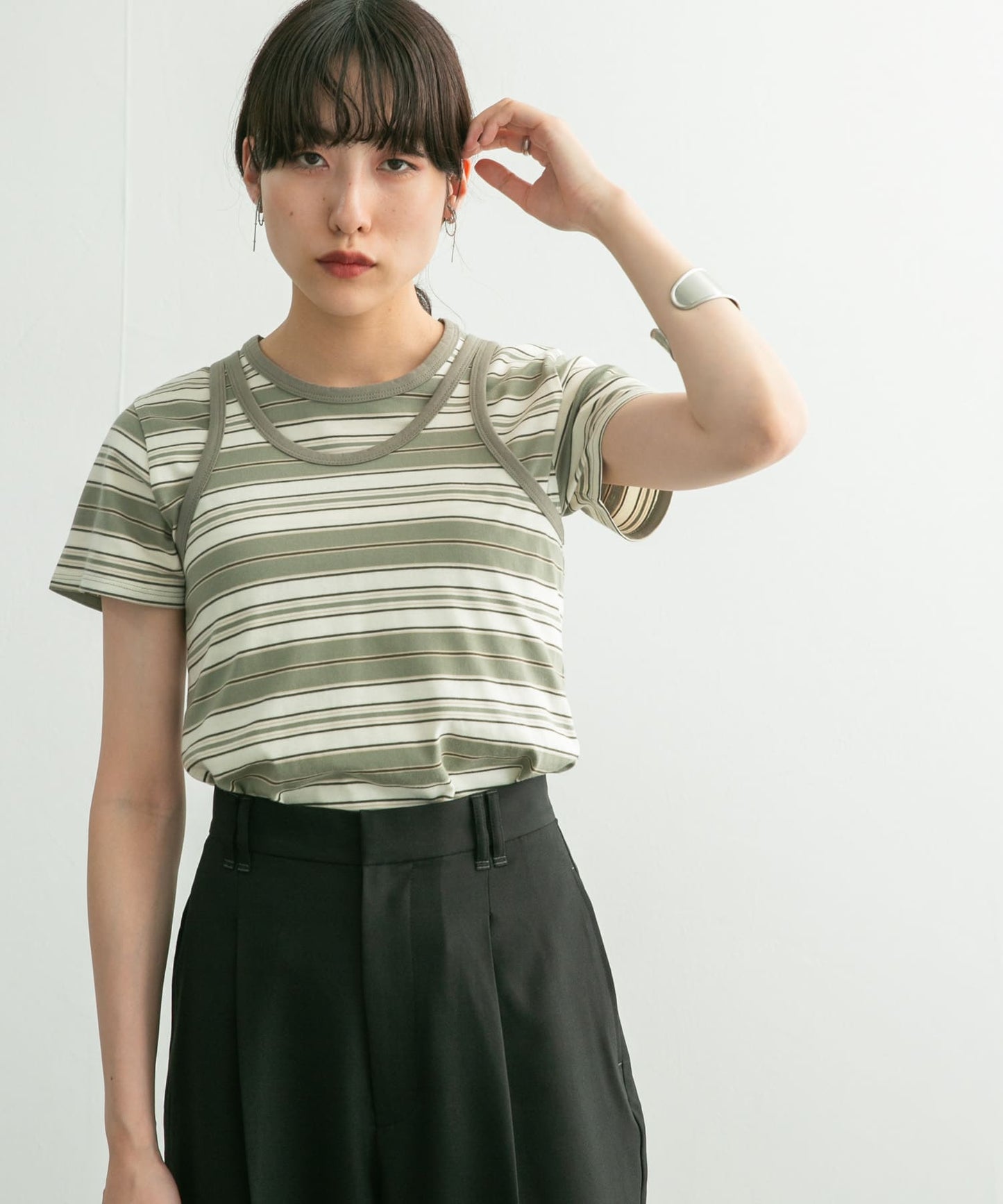 compact layered tee (khaki x ivory) *JP