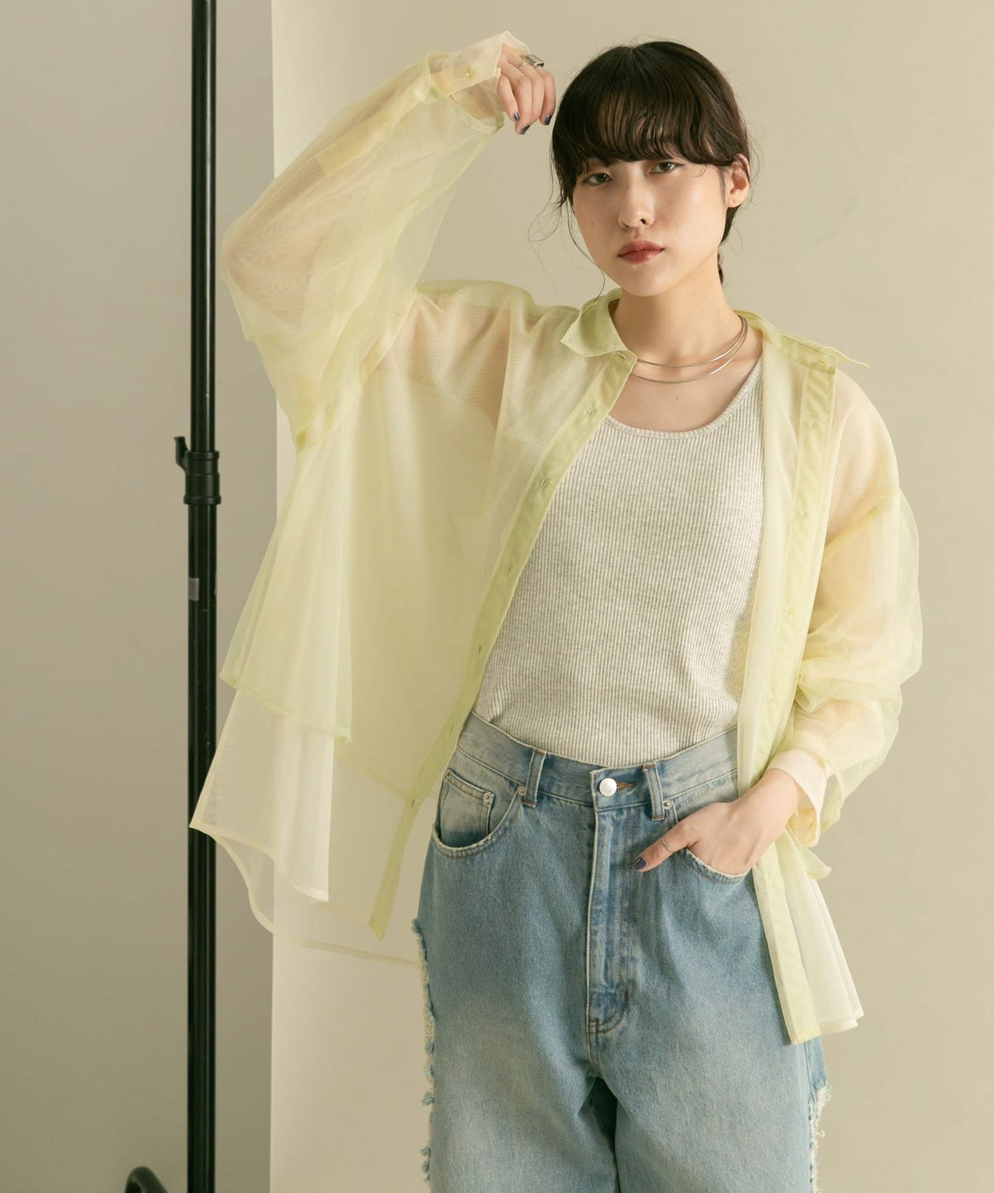 layered sheer shirt (light green x ivory) *JP