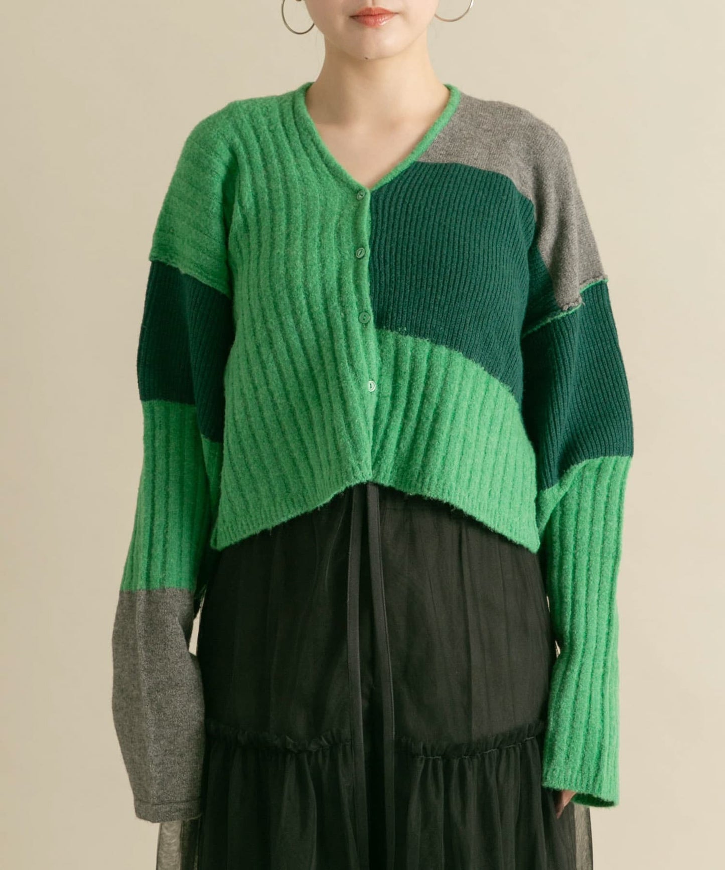 patchwork knit cardigan (green) *JP