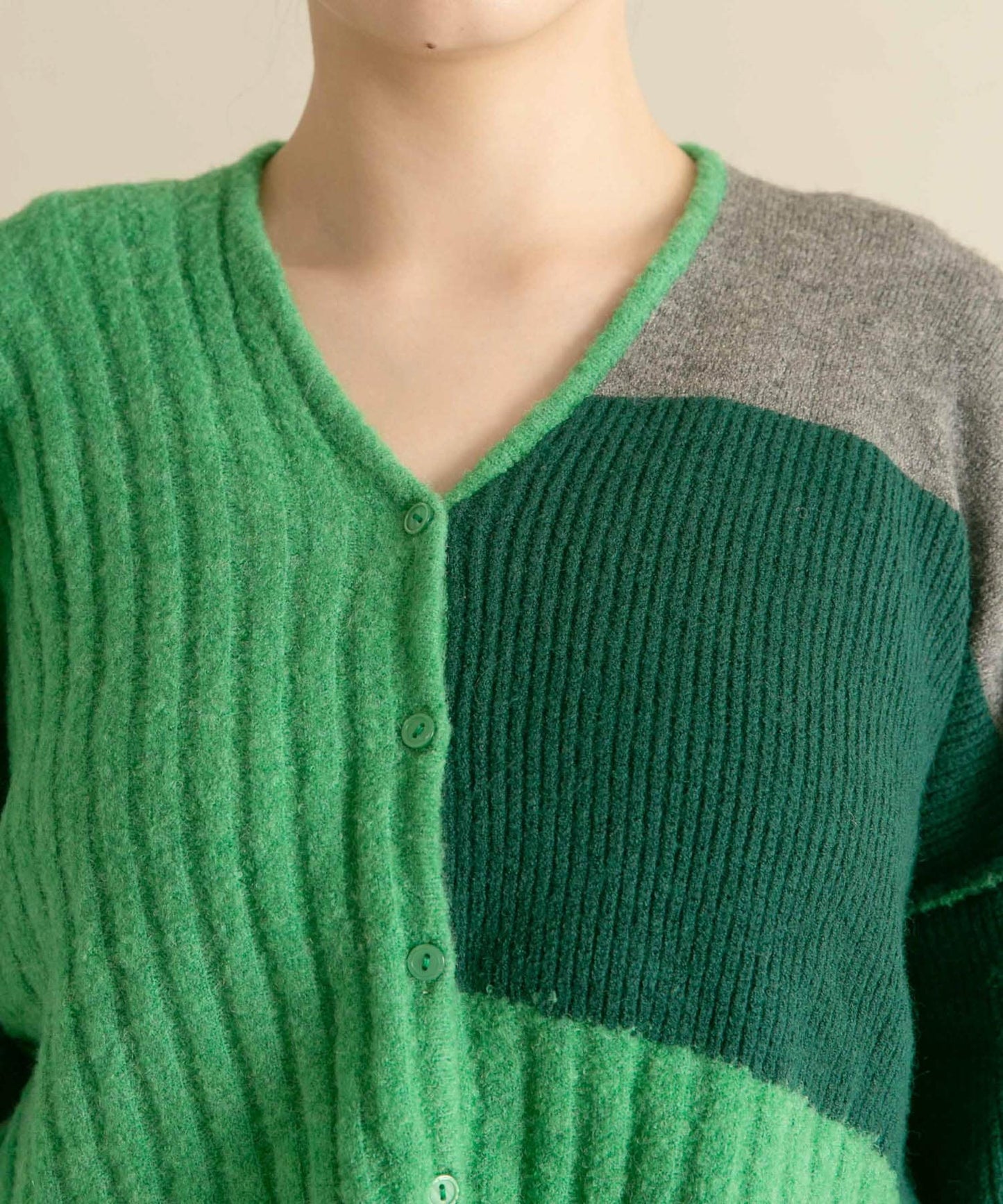 patchwork knit cardigan (green) *JP