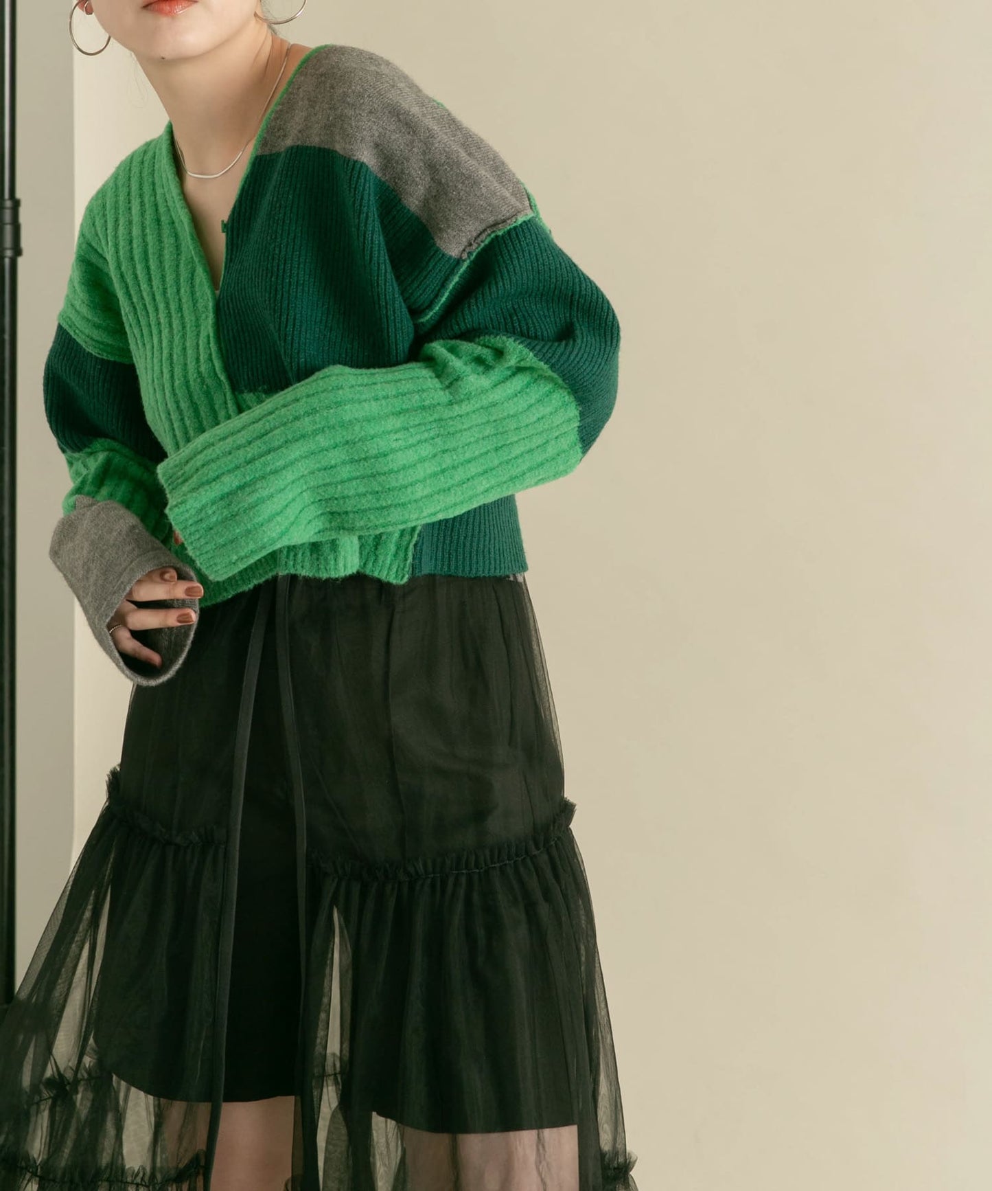 patchwork knit cardigan (green) *JP