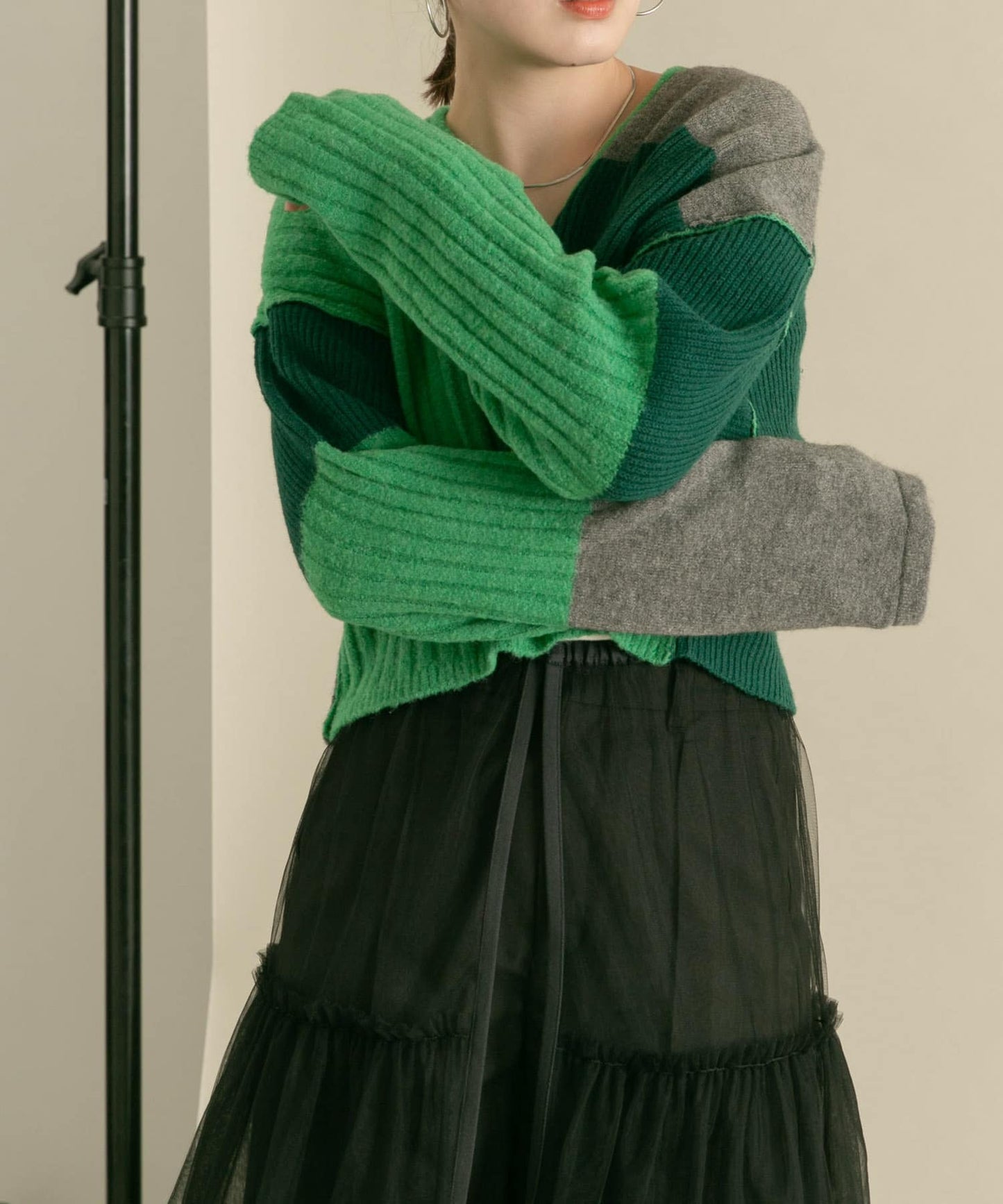 patchwork knit cardigan (green) *JP