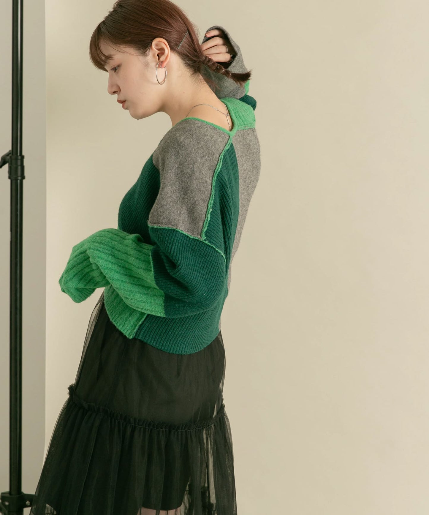 patchwork knit cardigan (green) *JP