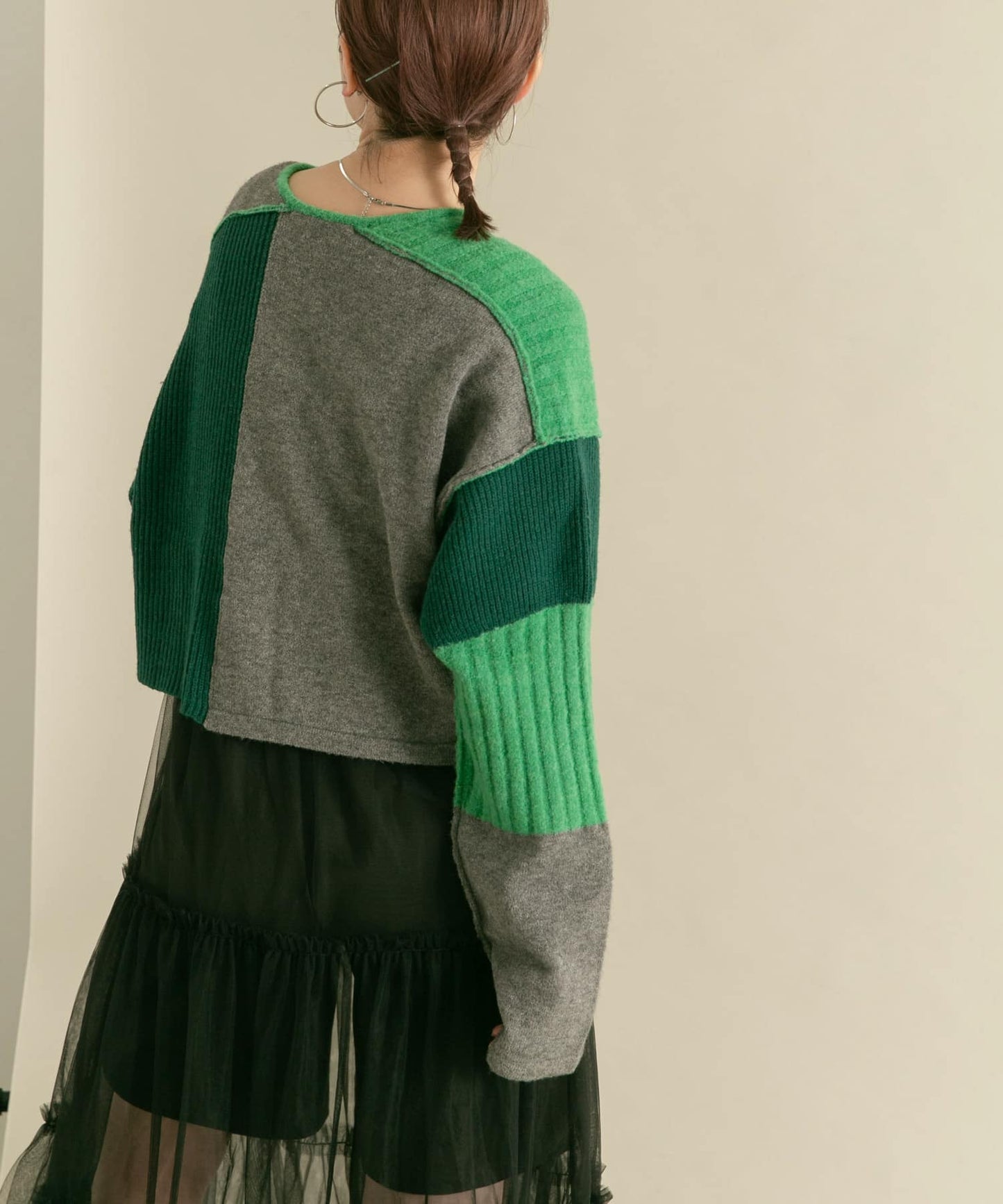 patchwork knit cardigan (green) *JP