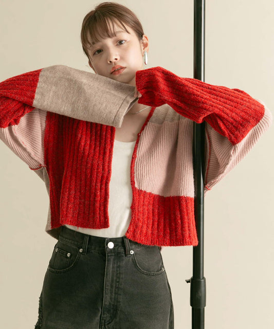 patchwork knit cardigan (red) *JP