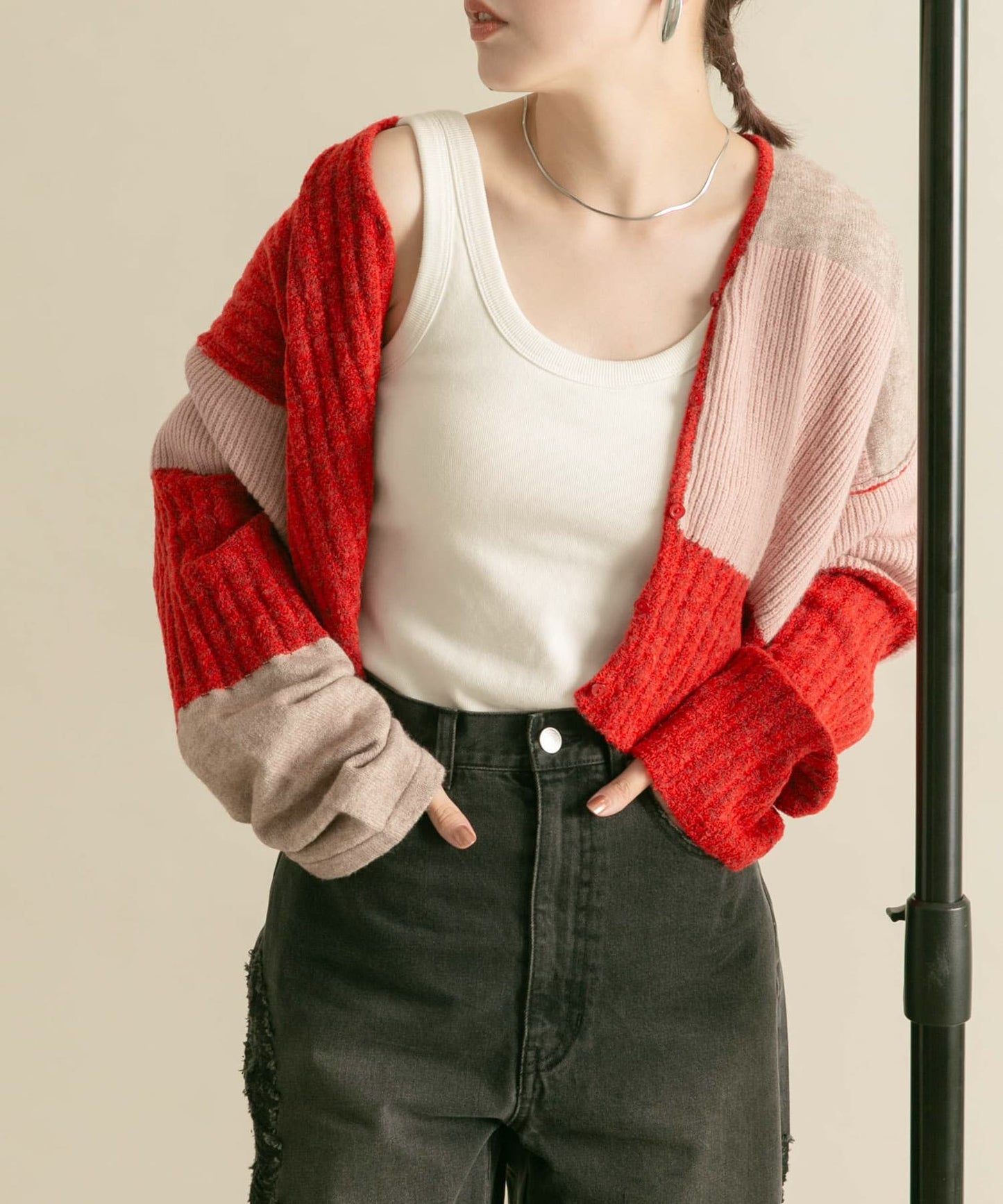 patchwork knit cardigan (red) *JP