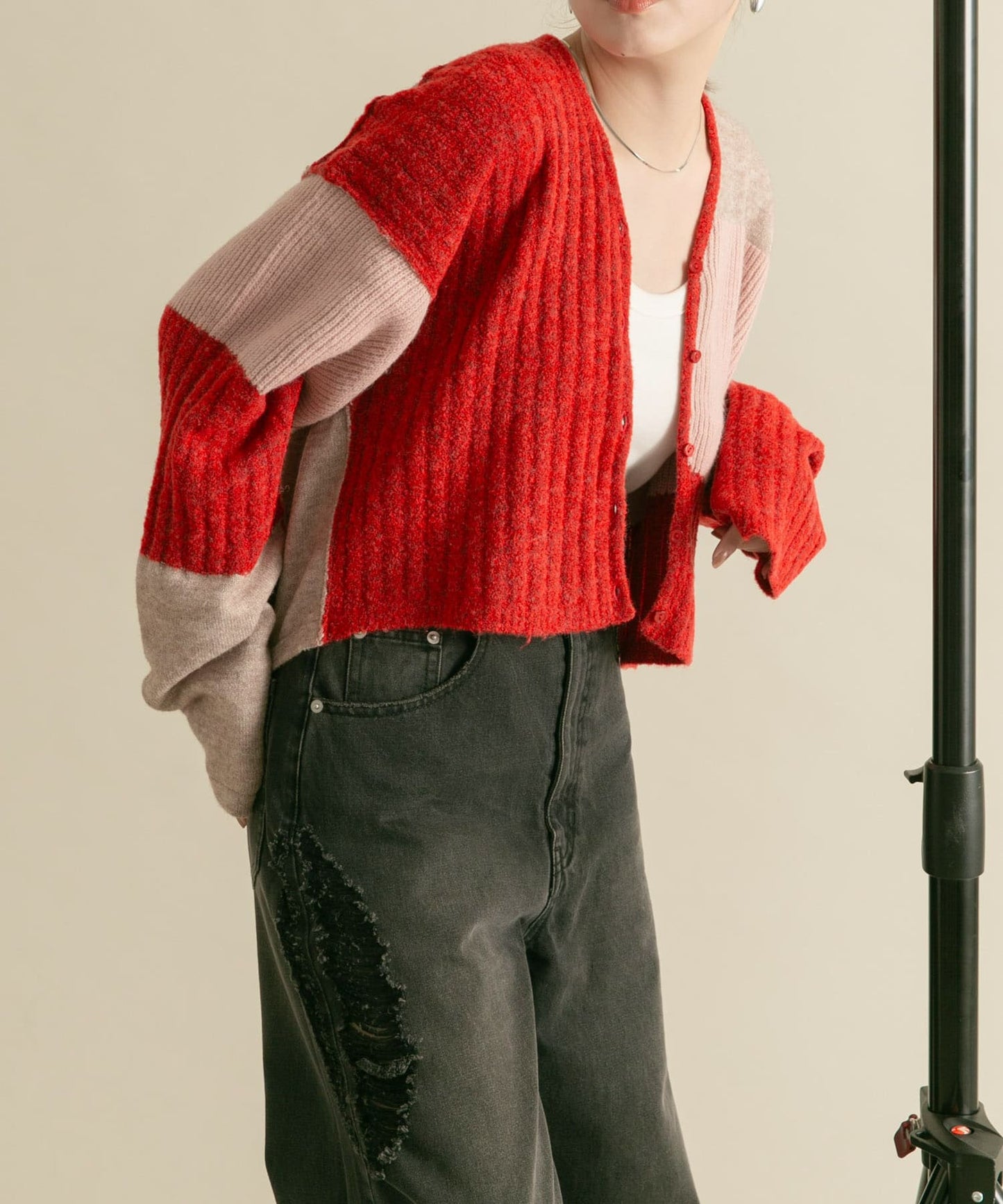 patchwork knit cardigan (red) *JP