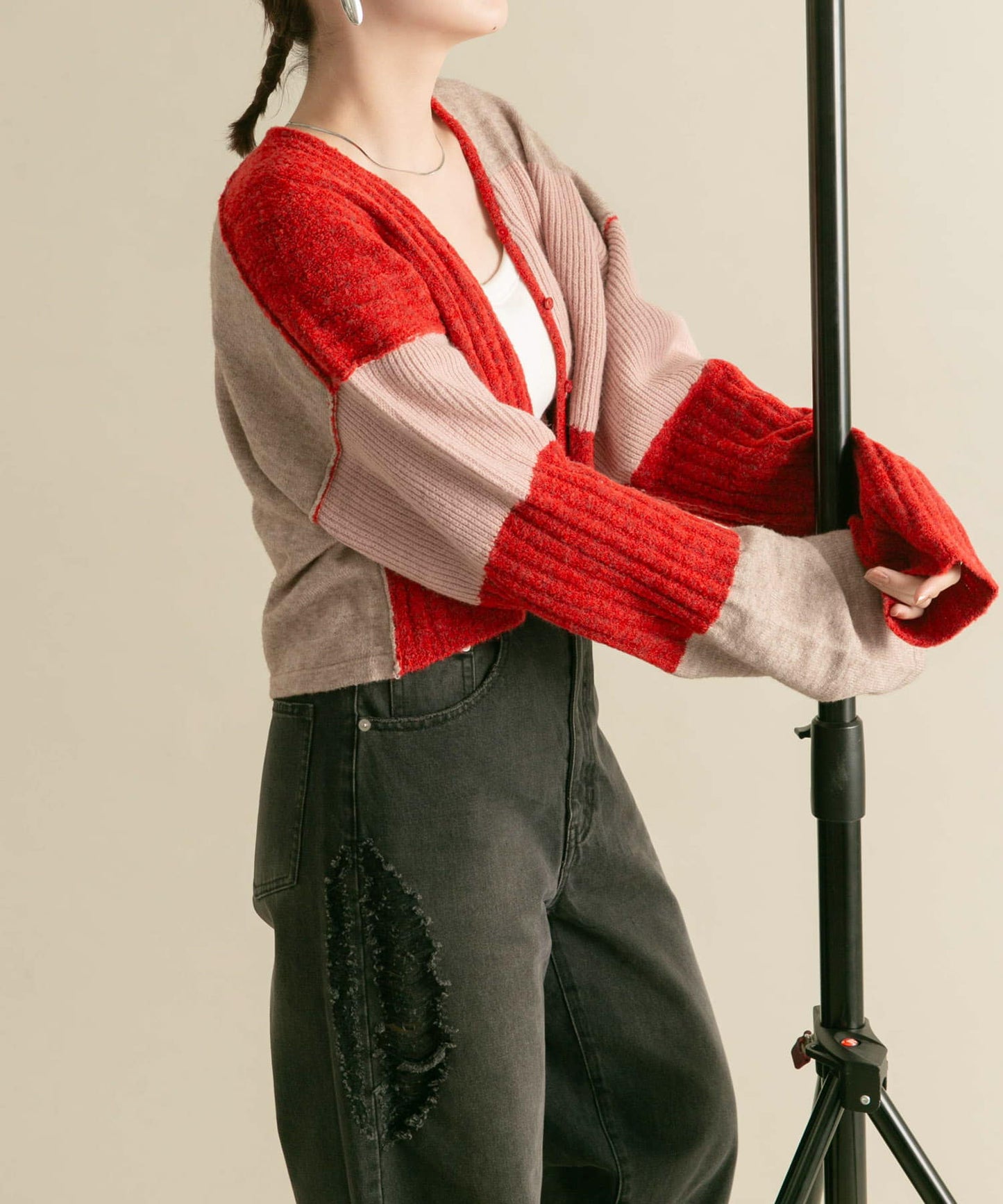 patchwork knit cardigan (red) *JP