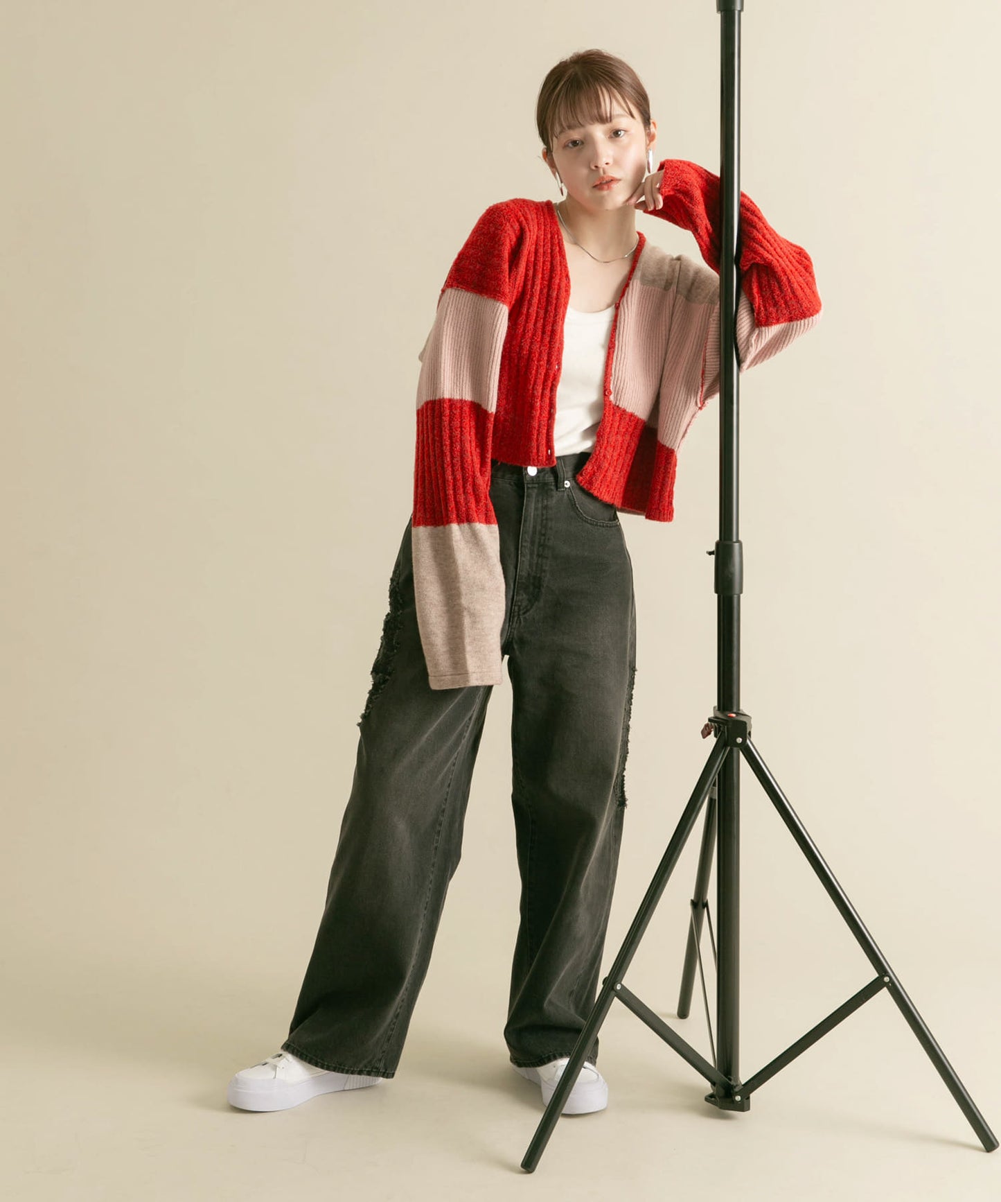 patchwork knit cardigan (red) *JP