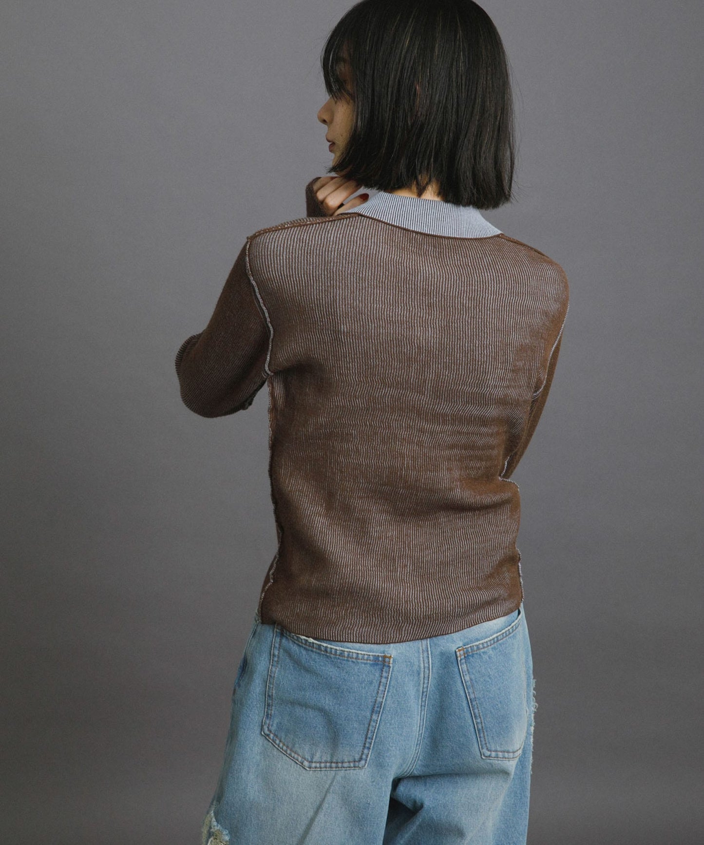 bicolor polo RIB knit (brown x blue) *JP