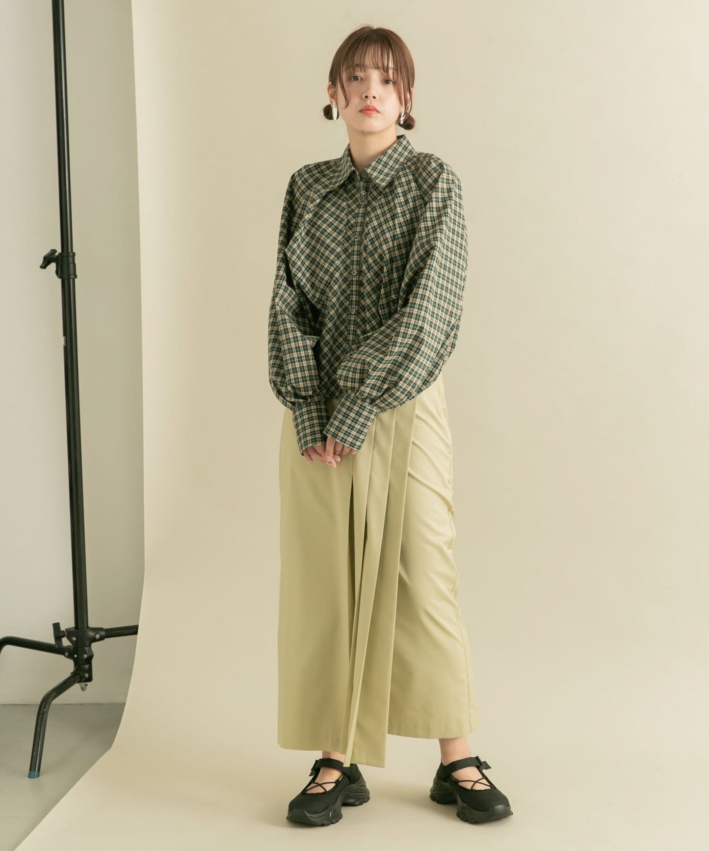 volume sleeve check shirt (green x beige) *JP