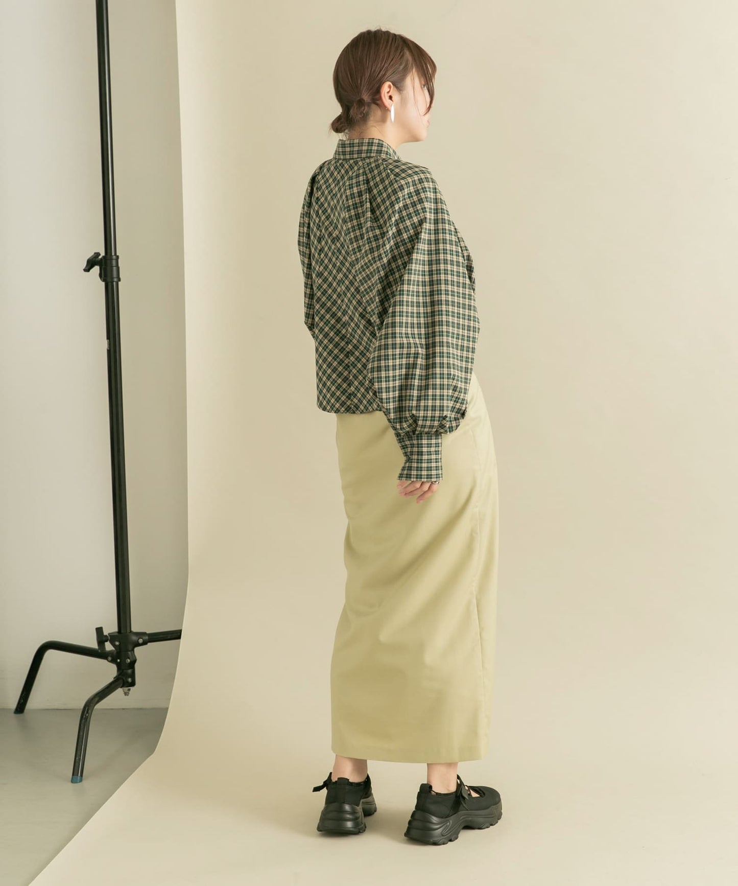 volume sleeve check shirt (green x beige) *JP