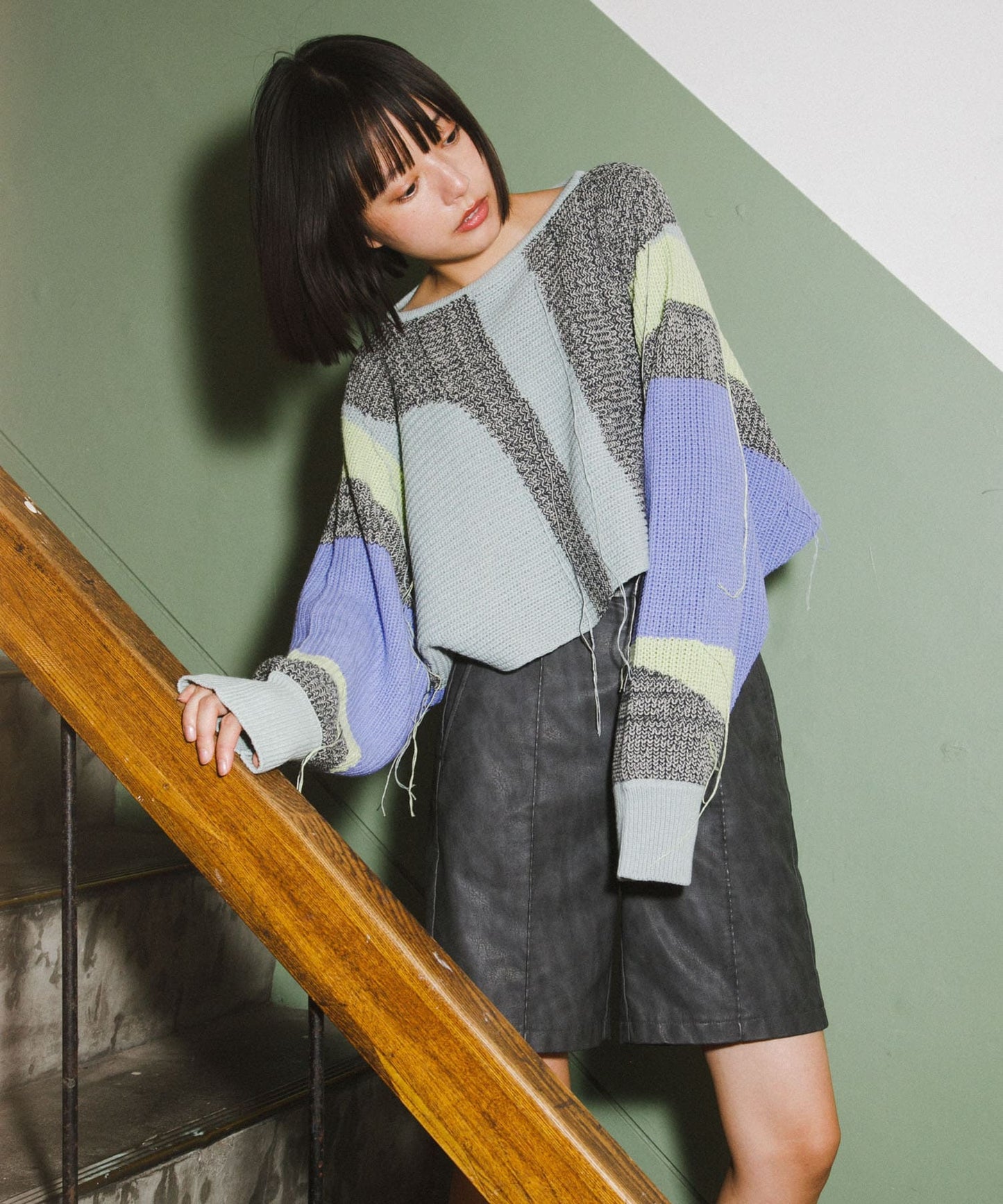 art fringe cropped knit (moss gray) *JP