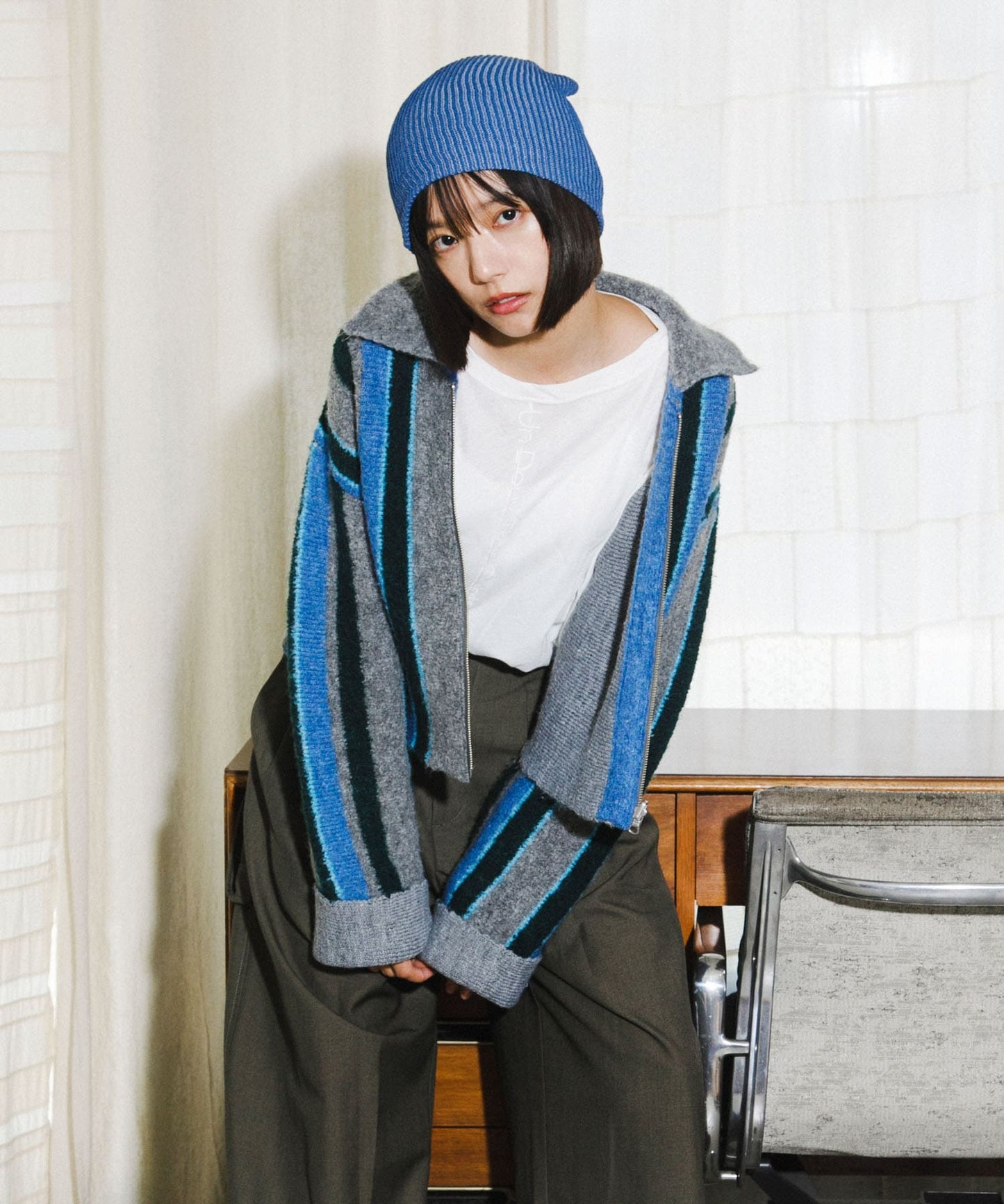 front zip striped cardigan (gray mix) *JP