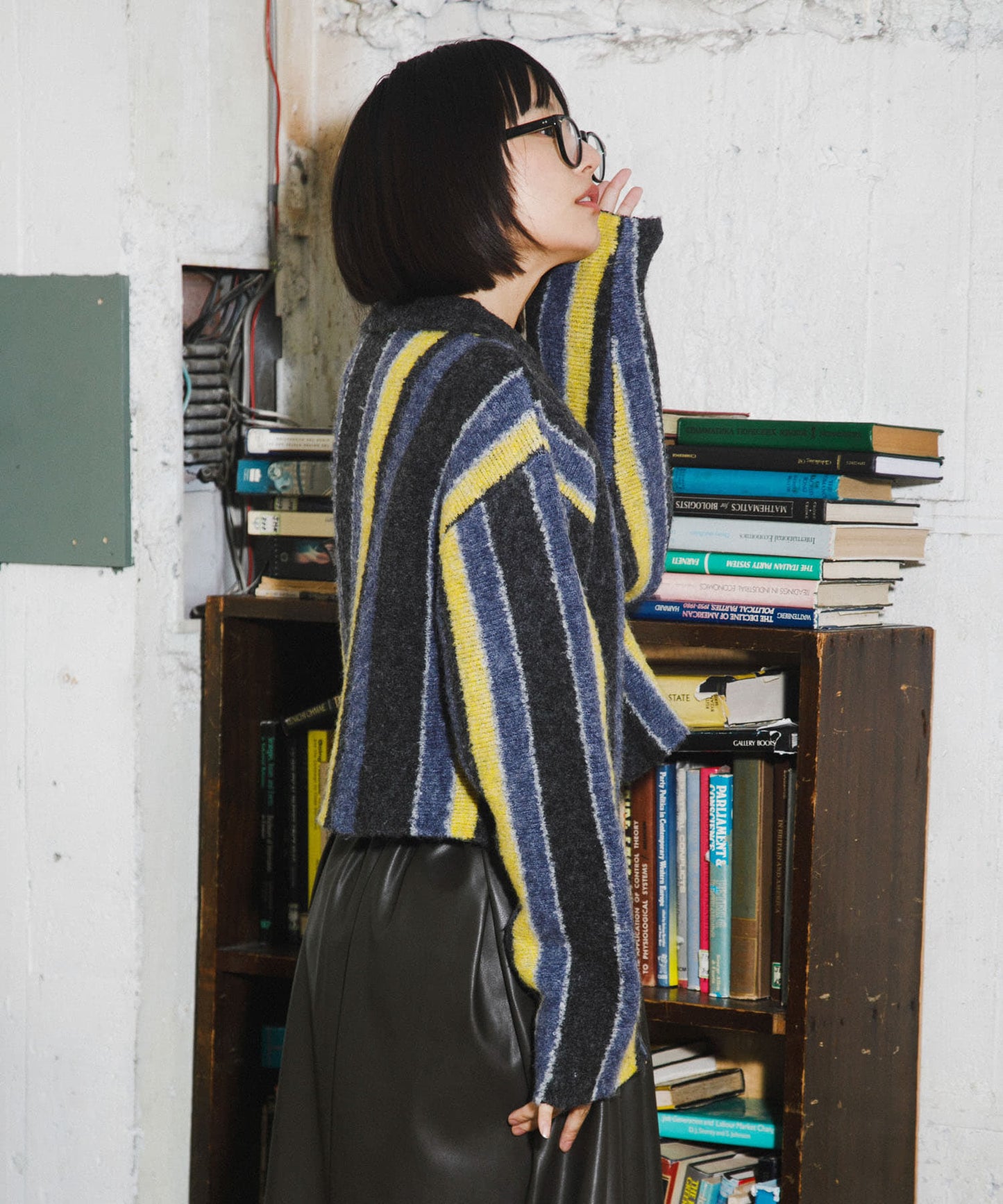 front zip striped cardigan (charcoal mix) *JP