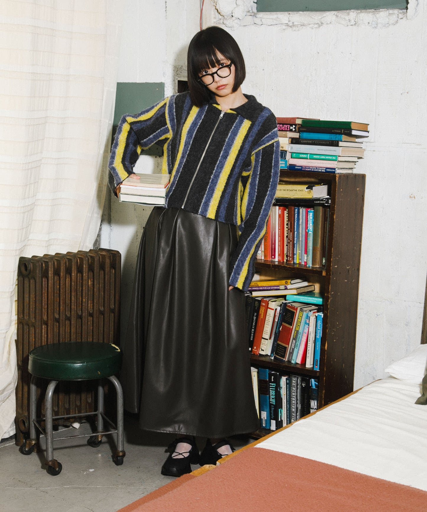 front zip striped cardigan (charcoal mix) *JP